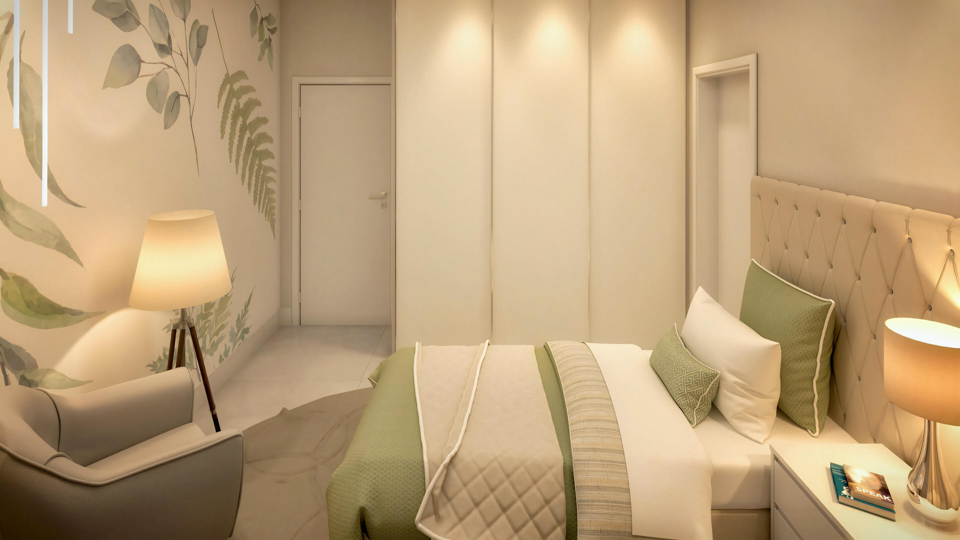 Um quarto moderno com uma cama grande, roupa de cama verde e branca, mesas de cabeceira com lâmpadas e painéis na parede.