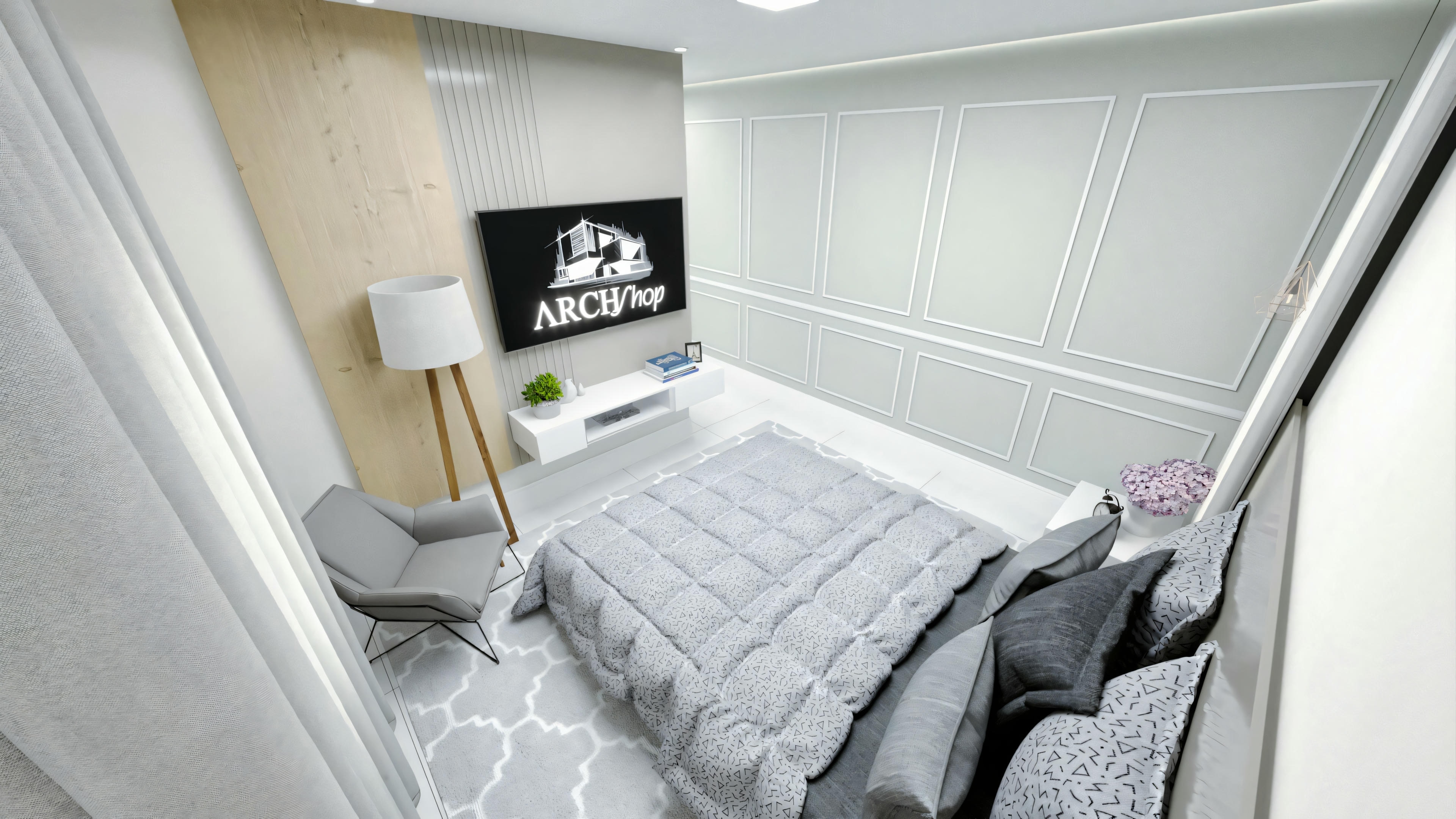 Um quarto moderno com cama de colcha cinza, mesa de cabeceira pequena e quadro acima da cabeceira.