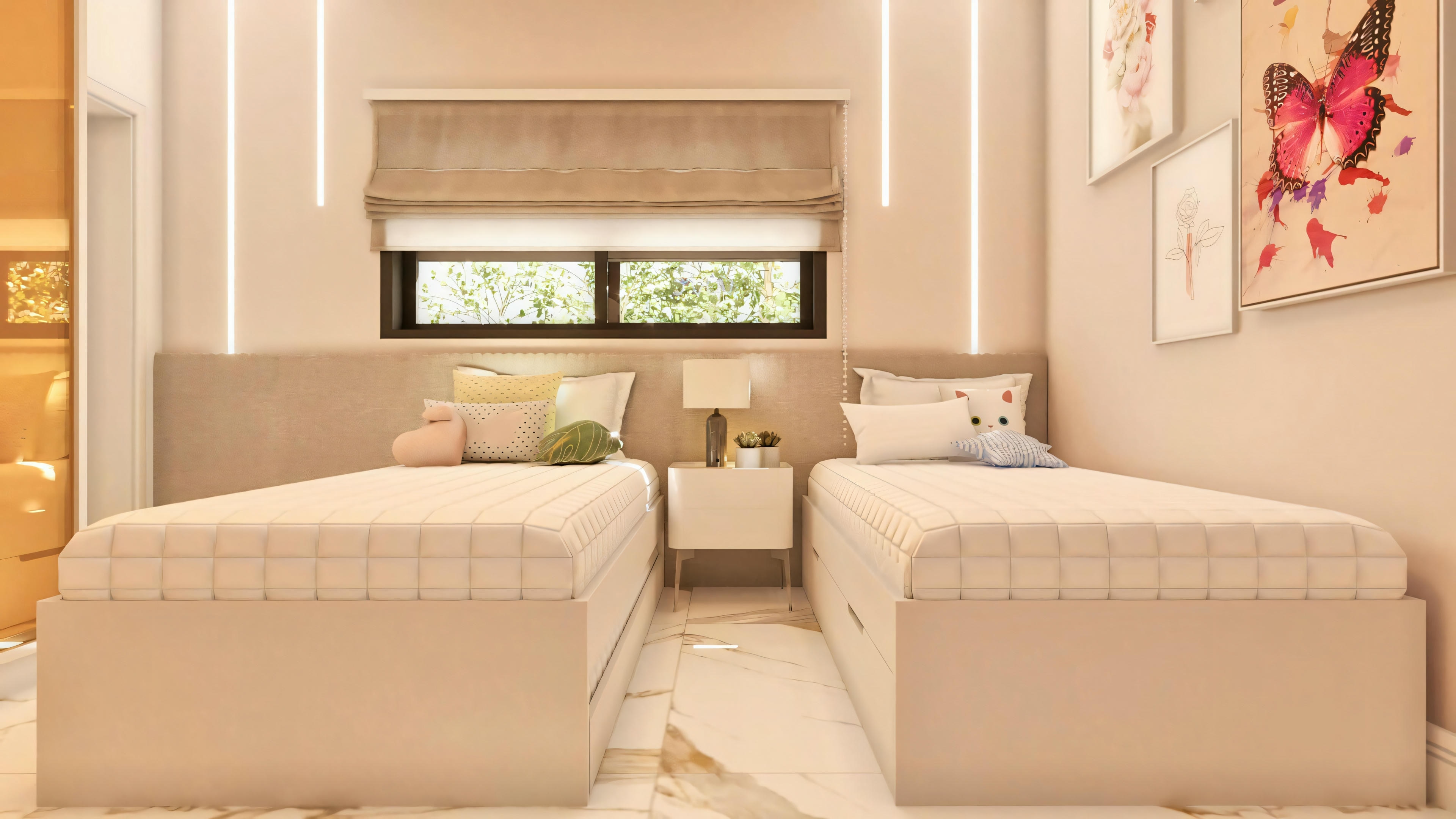 Quarto suíte em projeto de casa de luxo, com duas camas de solteiro, cabeceira estofada, iluminação LED embutida e decoração moderna.