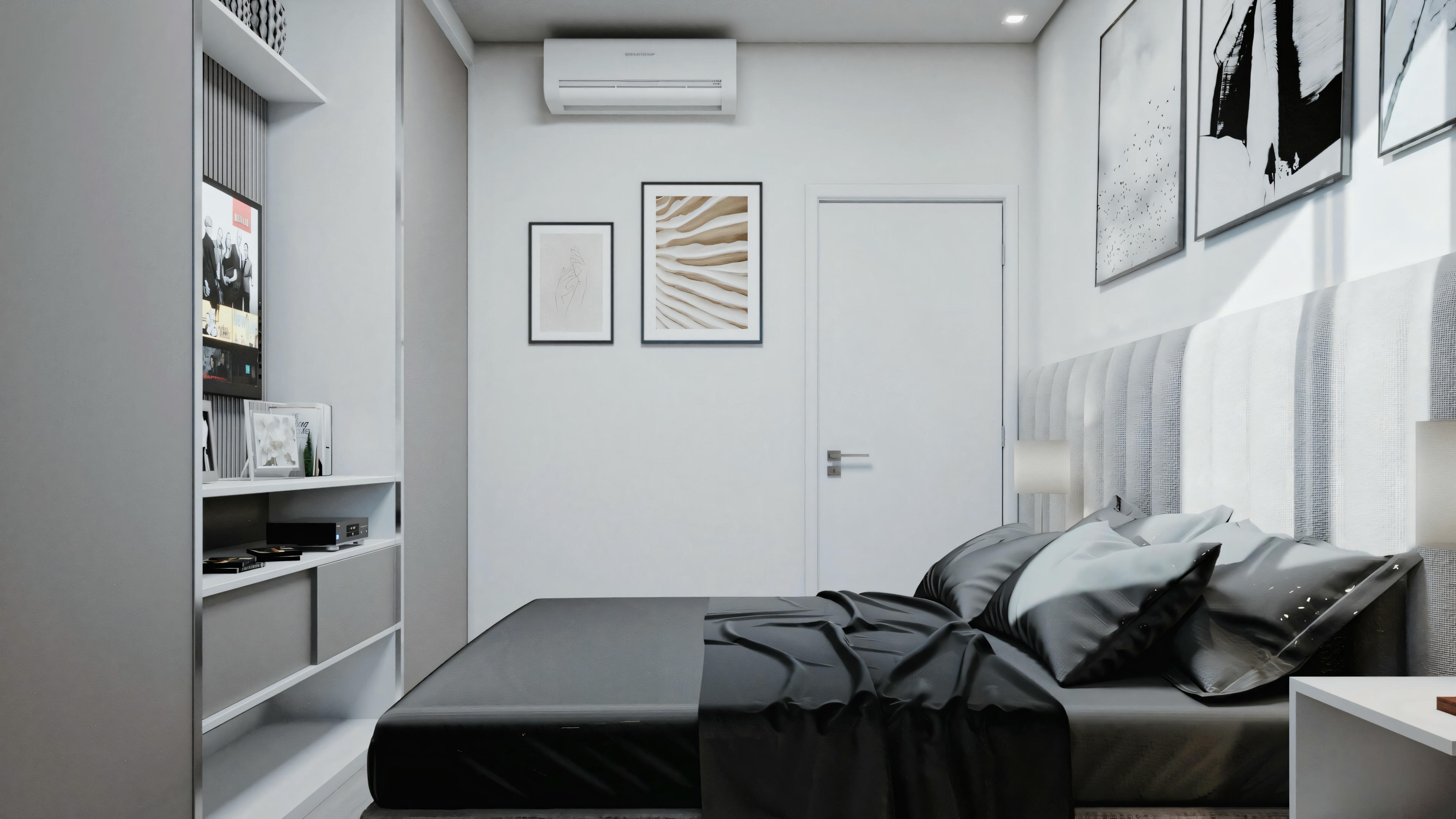 Sala de estar moderna con sofá, mesa de centro y arte en la pared.