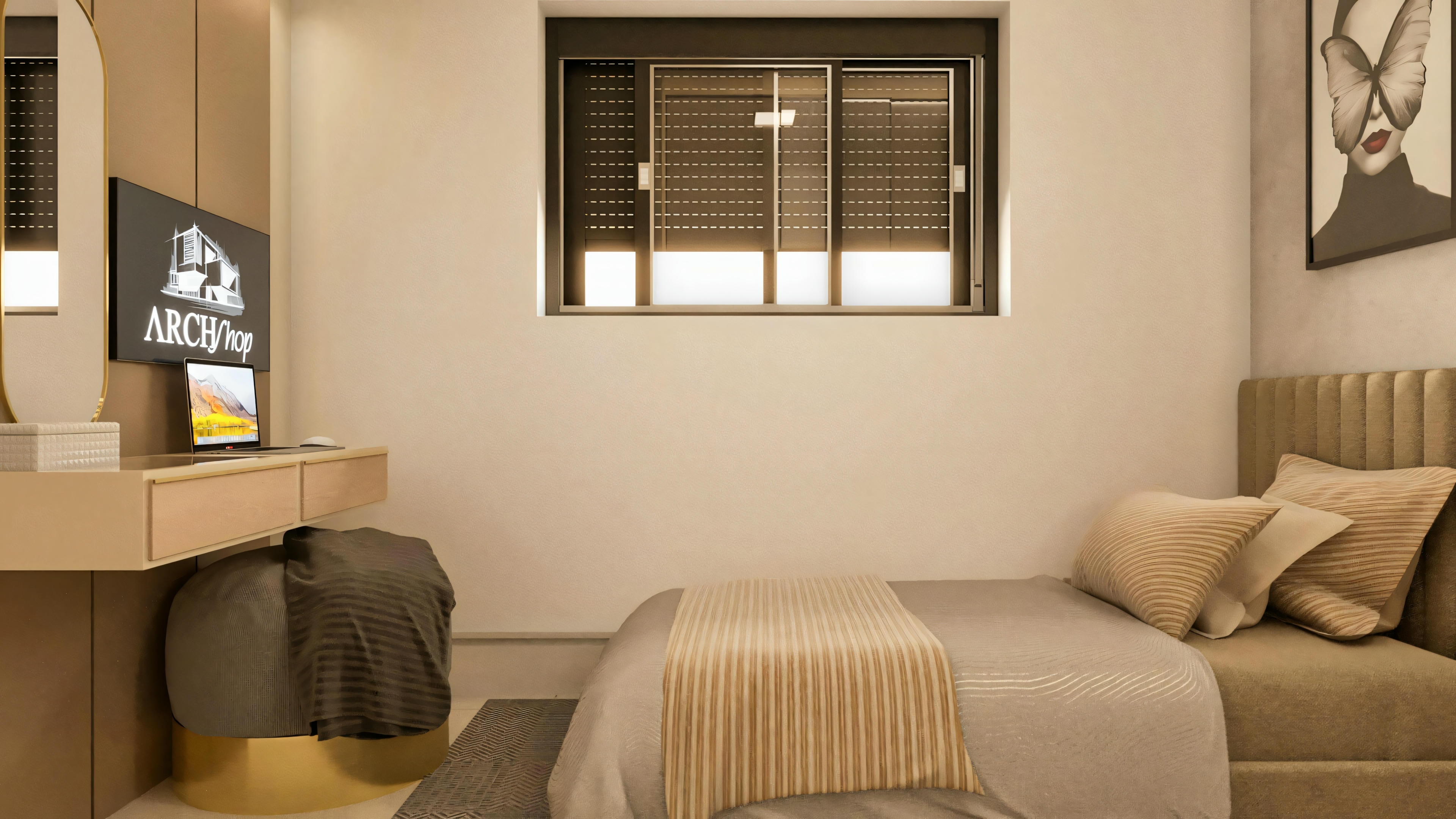 Suite bedroom of the 3-bedroom ranch house, showcasing a light vanity/desk with a mirror, a small TV, a pouf, a window with an external roller shade, and a bed with an upholstered headboard on the right.
