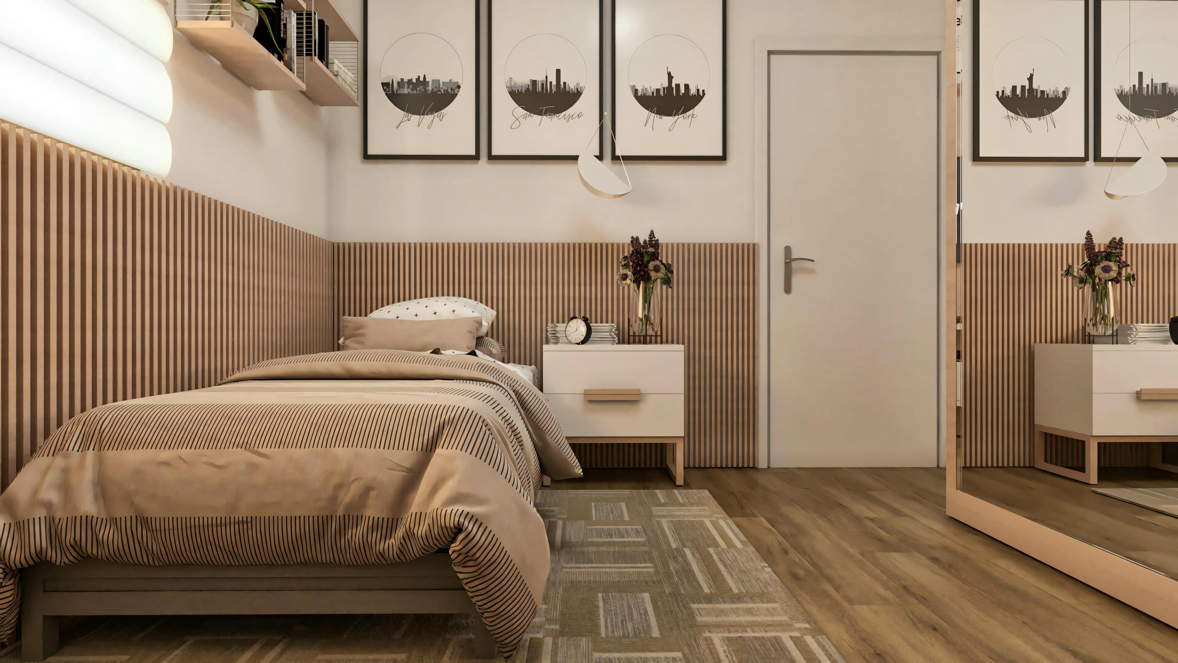 Decoration of one of the 3 suites in the 194.7m² two-story house on a 10x25 plot. Room with light wood slatted panel, single/queen bed with neutral bedding, nightstand, wall lamp, and large mirror.