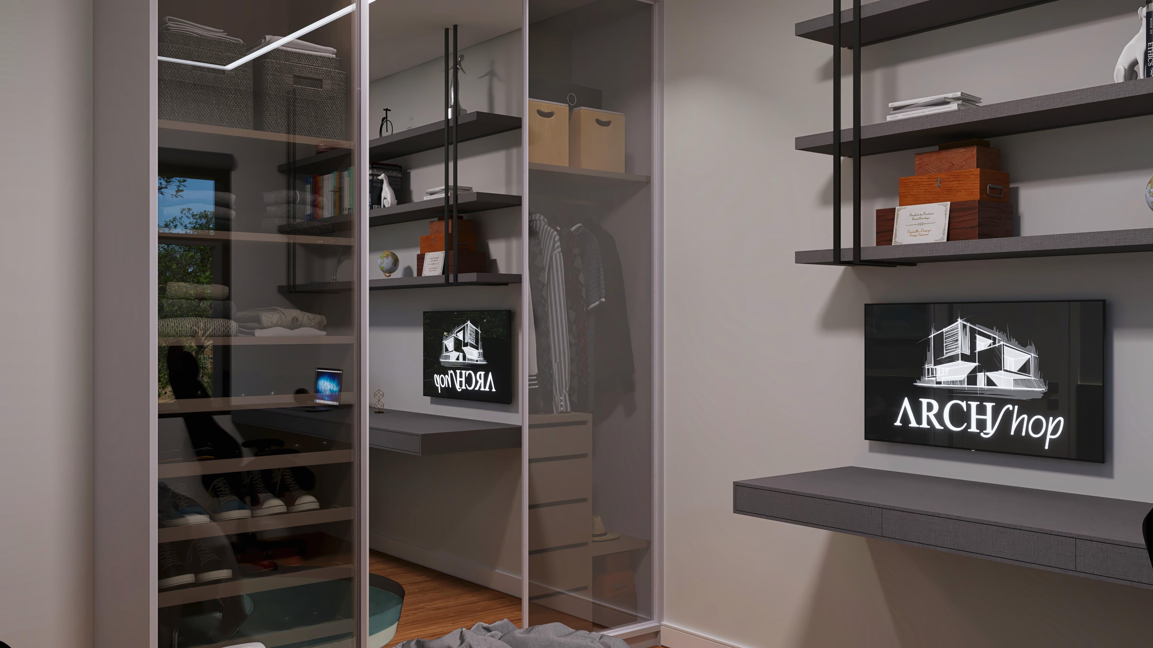 Interior de un vestidor moderno con puertas espejadas, estantes oscuros con objetos decorativos y organización de zapatos, además de un escritorio con pantalla.
