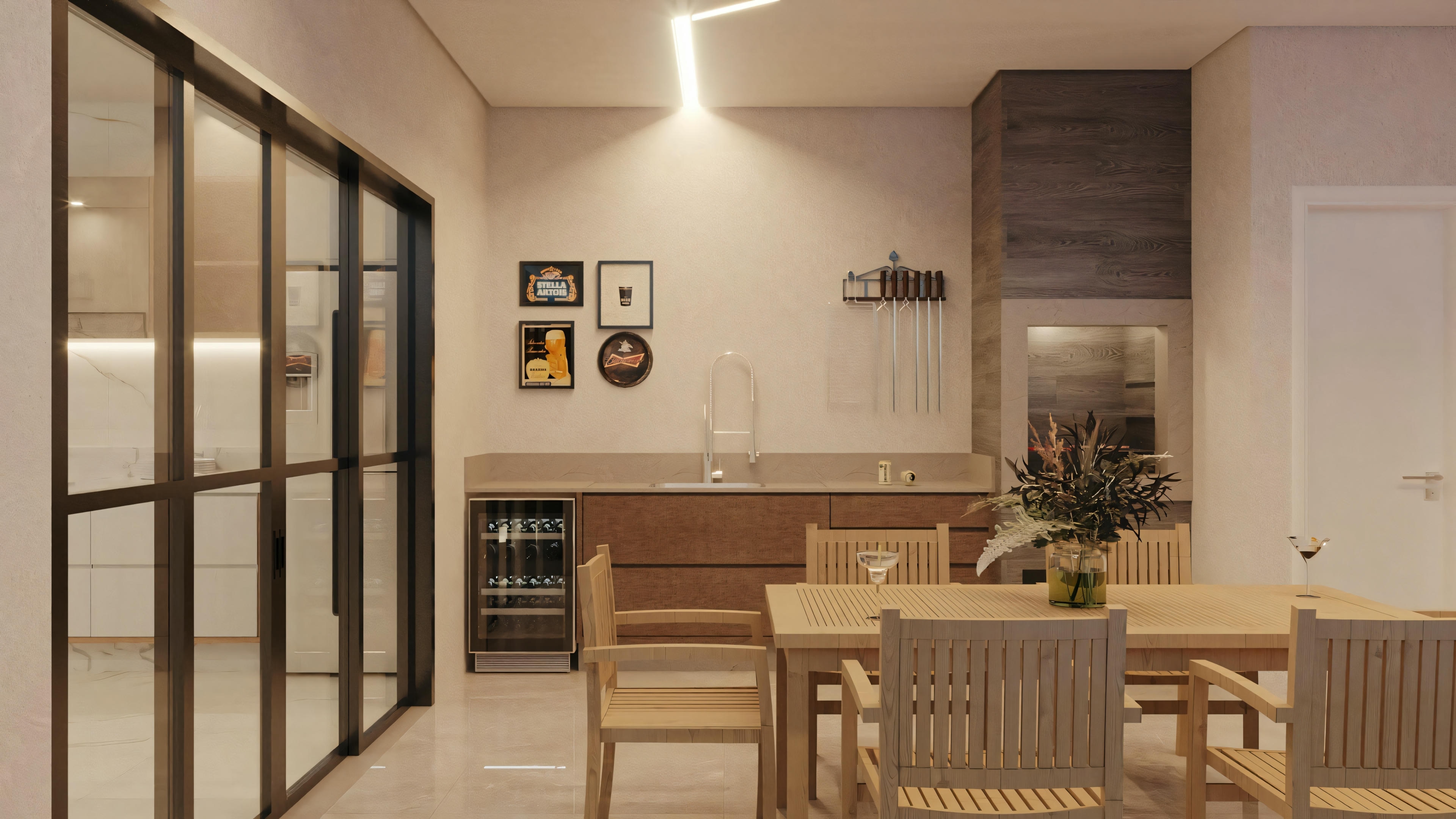 Espacio interior con diseño abierto, incluyendo una zona de comedor con mesa para seis personas y una zona de estar adyacente con sofás. El espacio está iluminado con luces cálidas y cuenta con muebles contemporáneos.