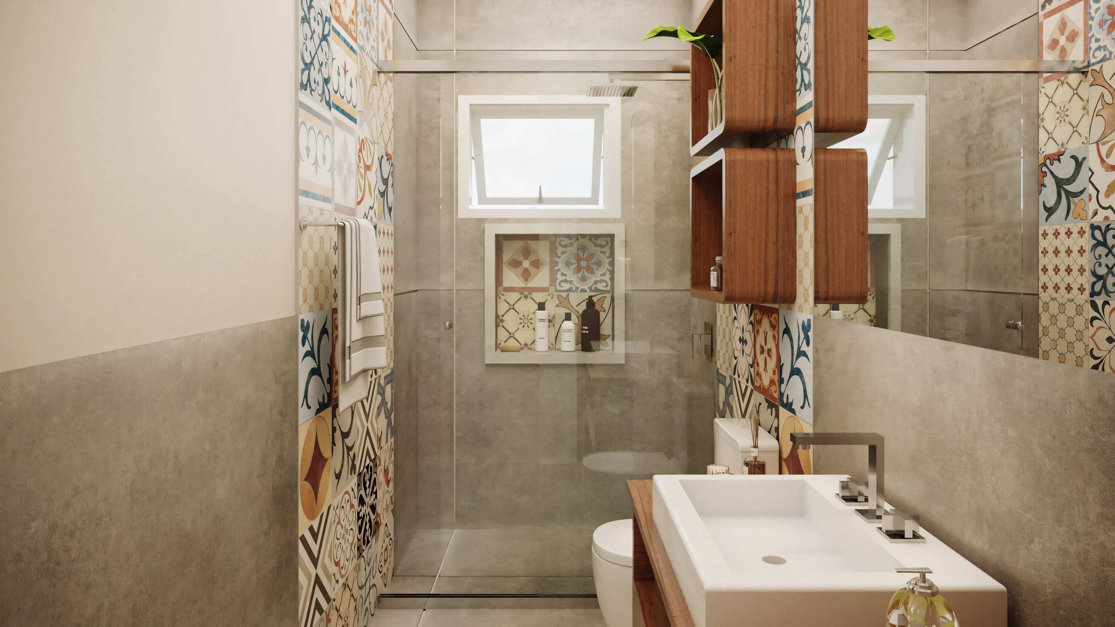 Banheiro com pia, espelho e backsplash de azulejos simples, sem decoração adicional.