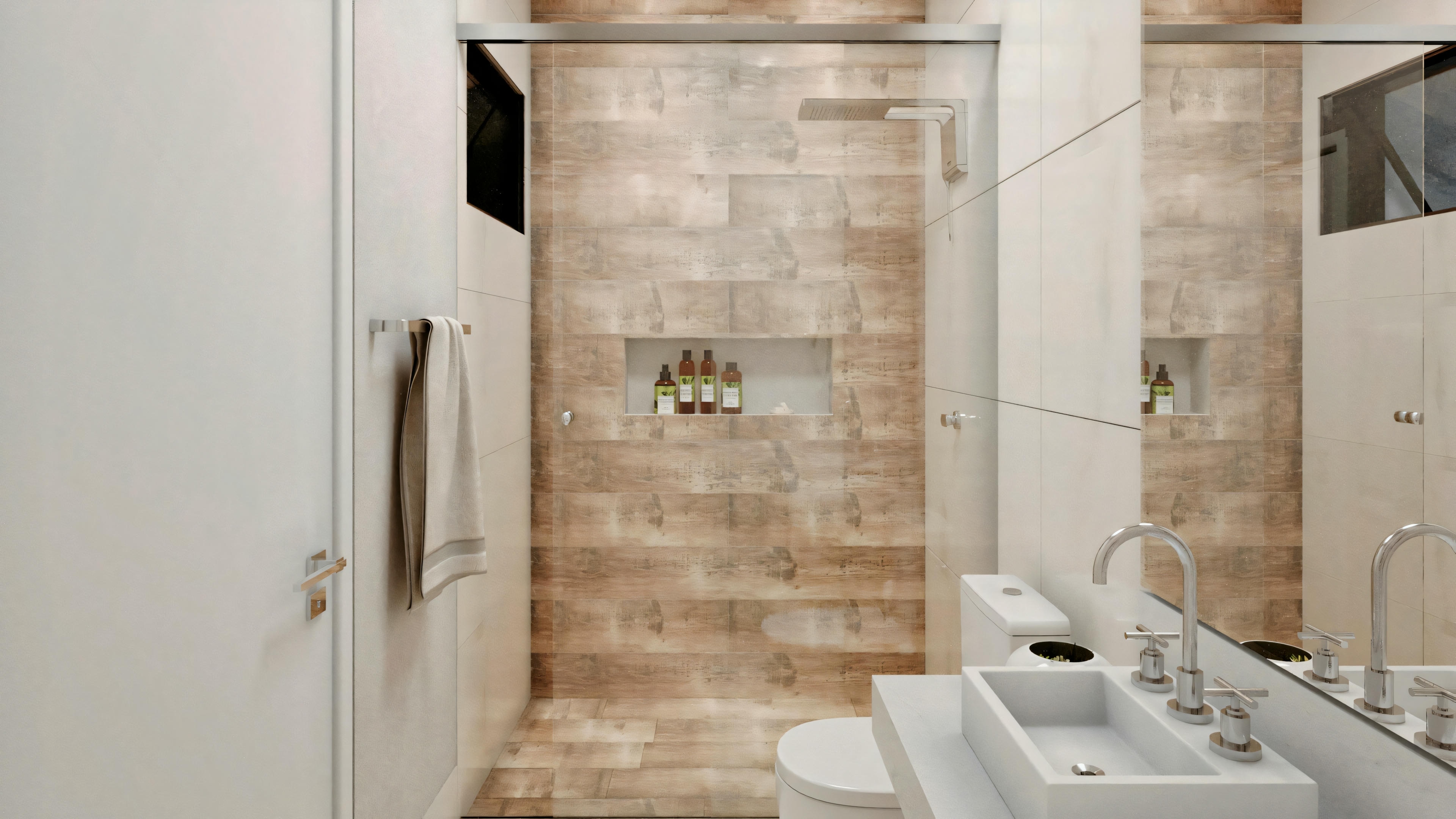 Un baño moderno con tonos oscuros, incluyendo azulejos marrones, mampara de vidrio, inodoro, bidé y lavabo.