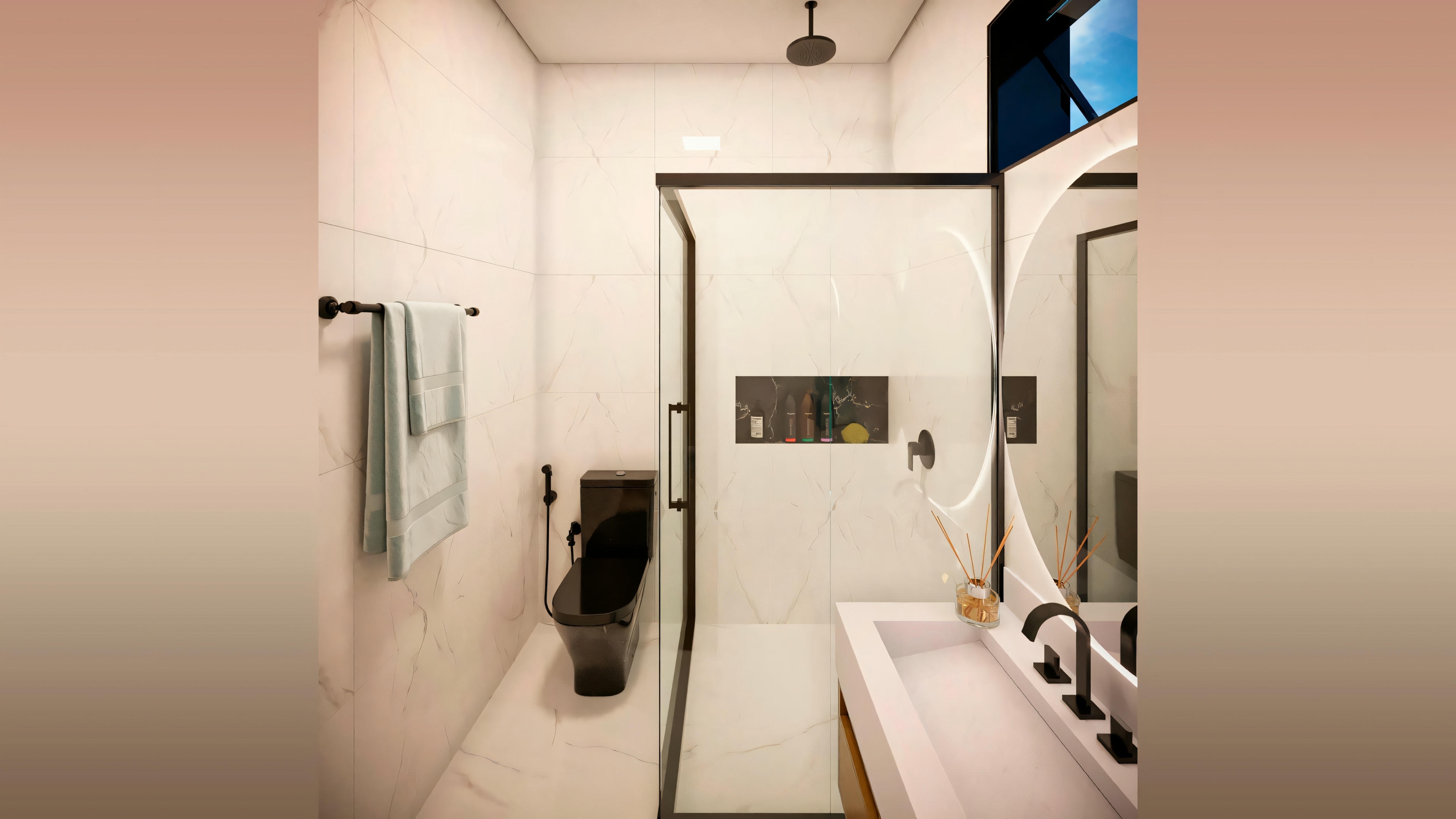 Baño moderno con ducha de vidrio a la derecha, bañera blanca visible a través del vidrio, toallero con toallas a la izquierda e inodoro al fondo.
