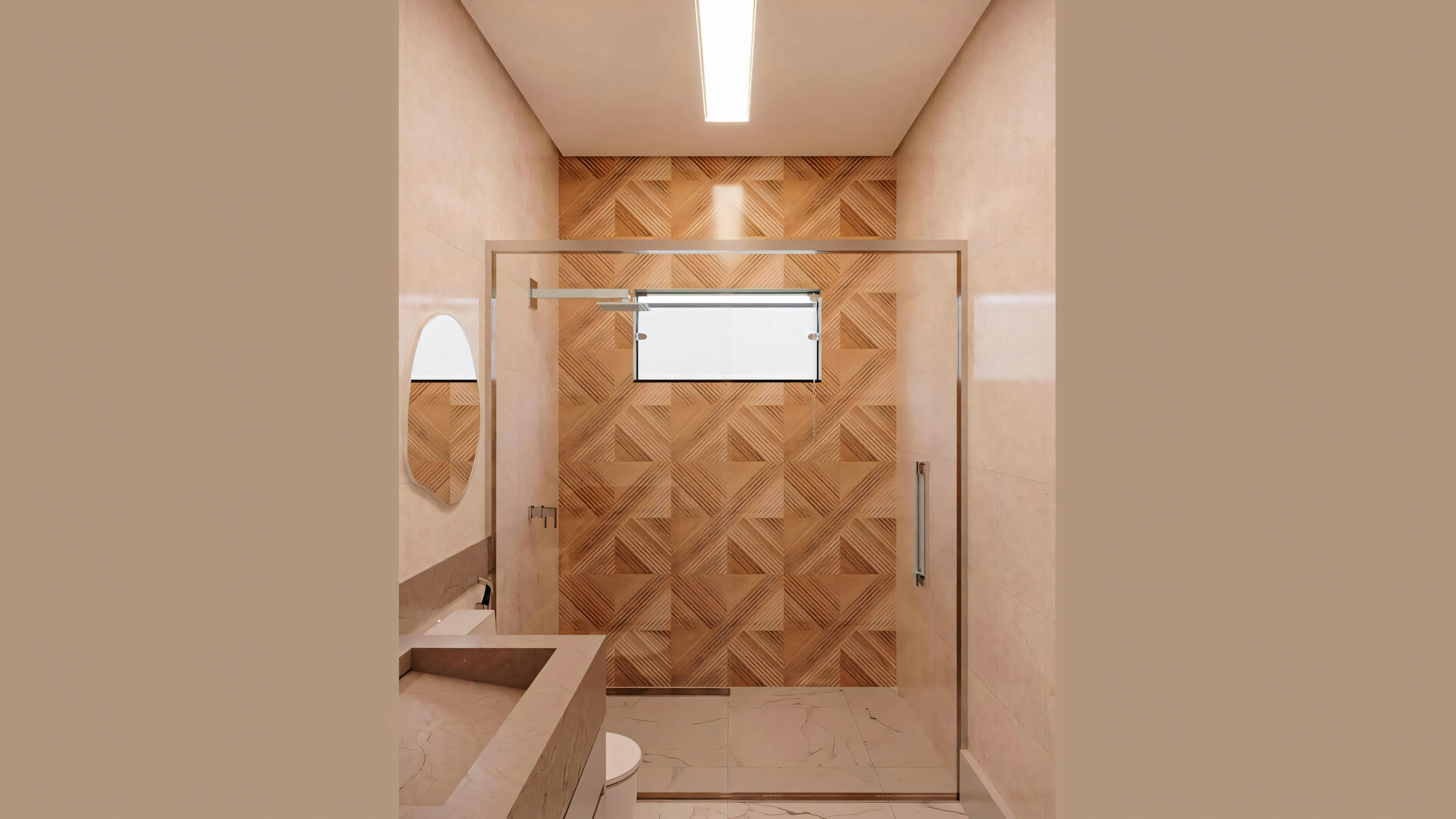 Vista de un baño moderno con lavabo, espejo y ducha.