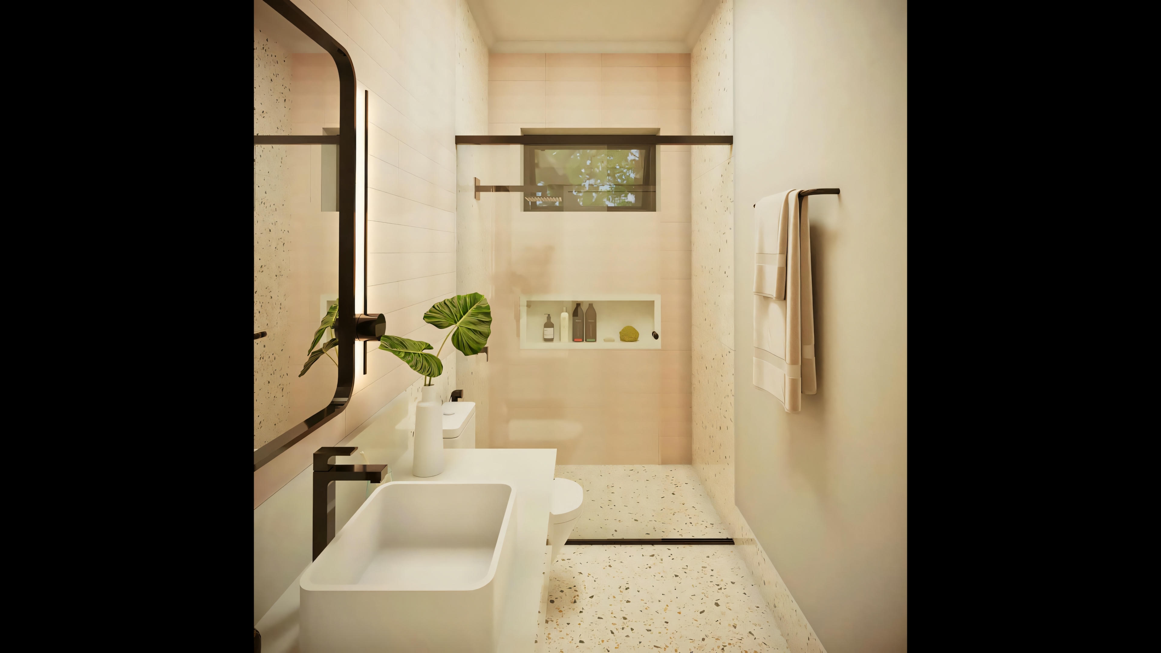 Baño moderno con piso en granilite/terrazo, parte del plano listo de casa con 3 suites y área gourmet. Metales negros y lavabo de sobreponer. Proyecto casa lista de 368.67m².