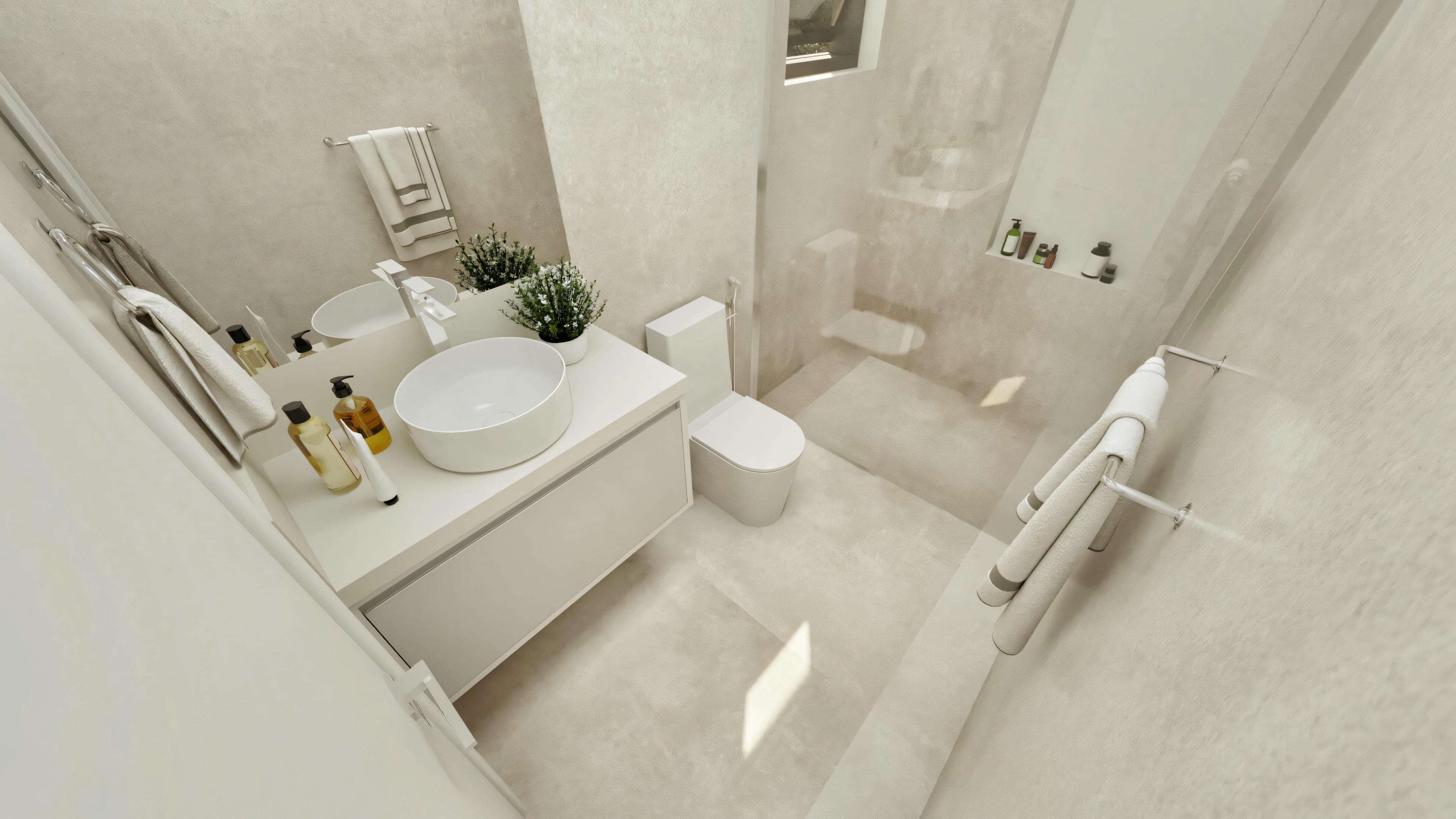 Baño de suite en casa moderna tipo 4, diseño minimalista en tonos claros, encimera suspendida con lavabo sobrepuesto redondo, inodoro, ducha de vidrio y toallero térmico.