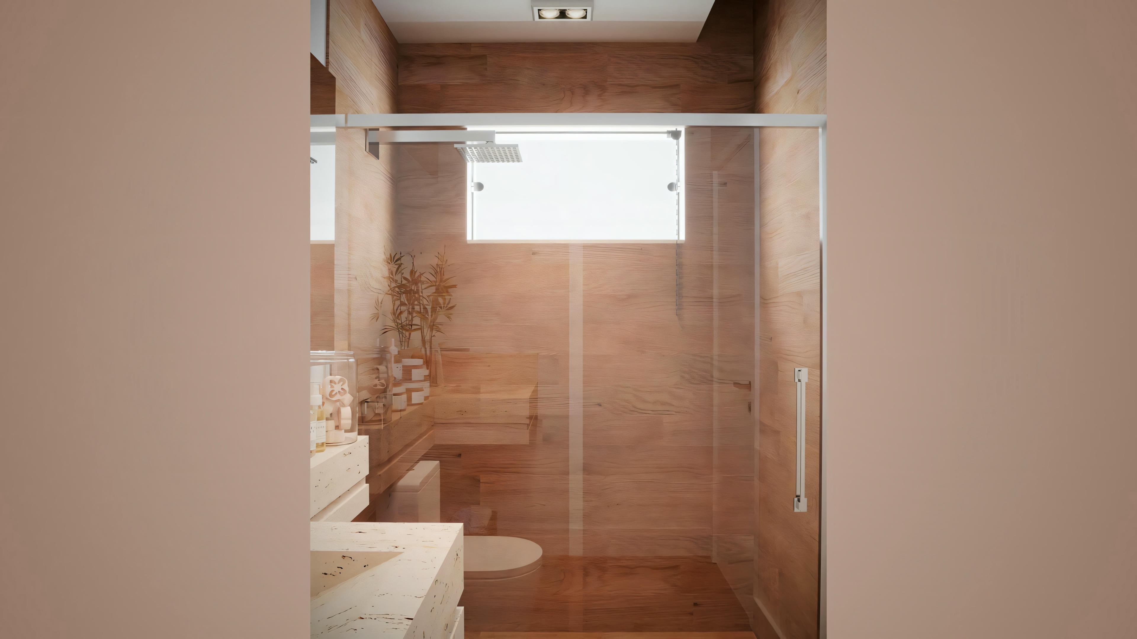 Another bathroom with brown tiles, toilet visible in the background, and a partially obscured shower or bathtub area to the right.