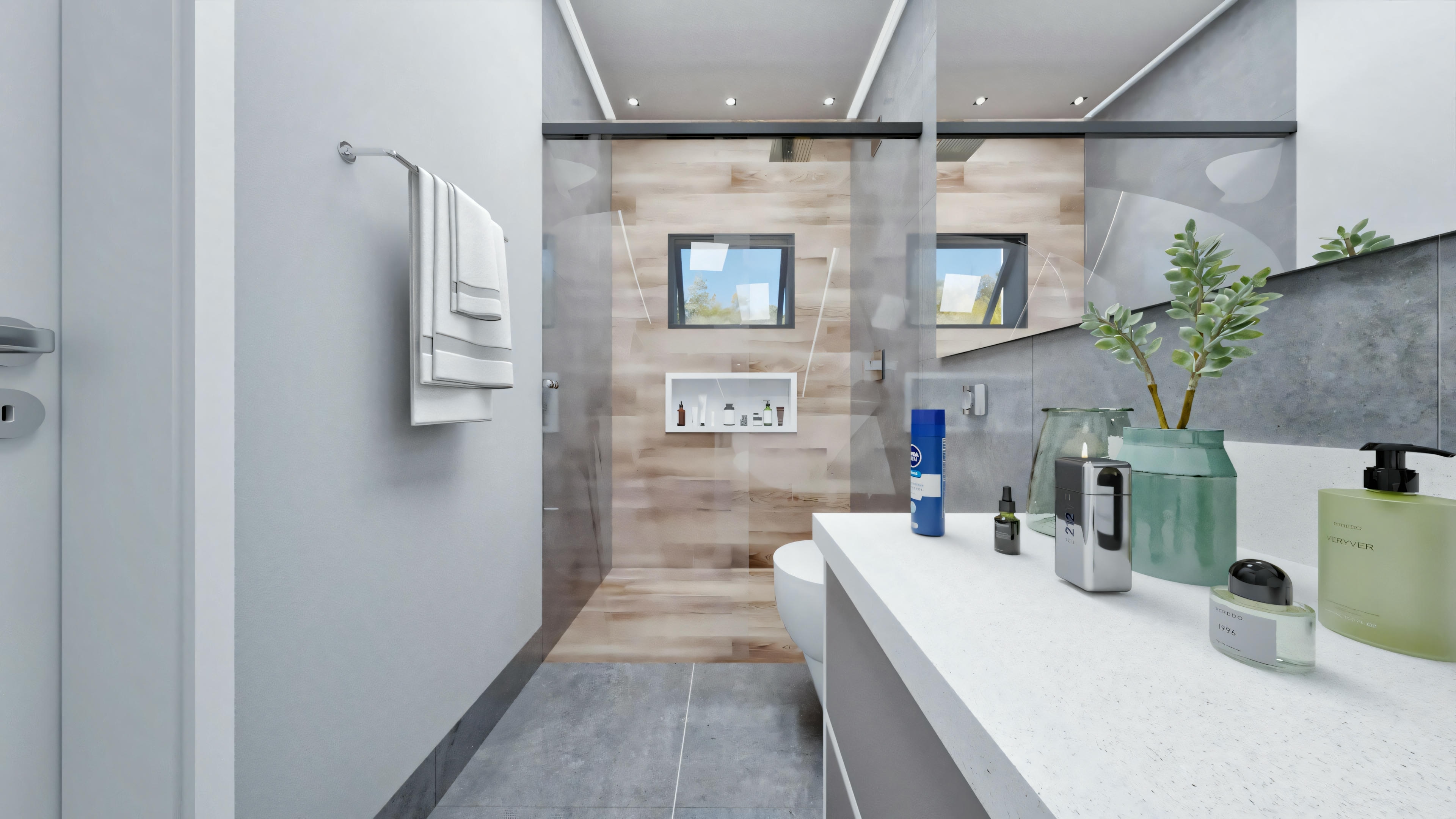 Interior view of a modern bathroom featuring a double sink vanity, two mirrors above, and various toiletries neatly arranged on the countertop.