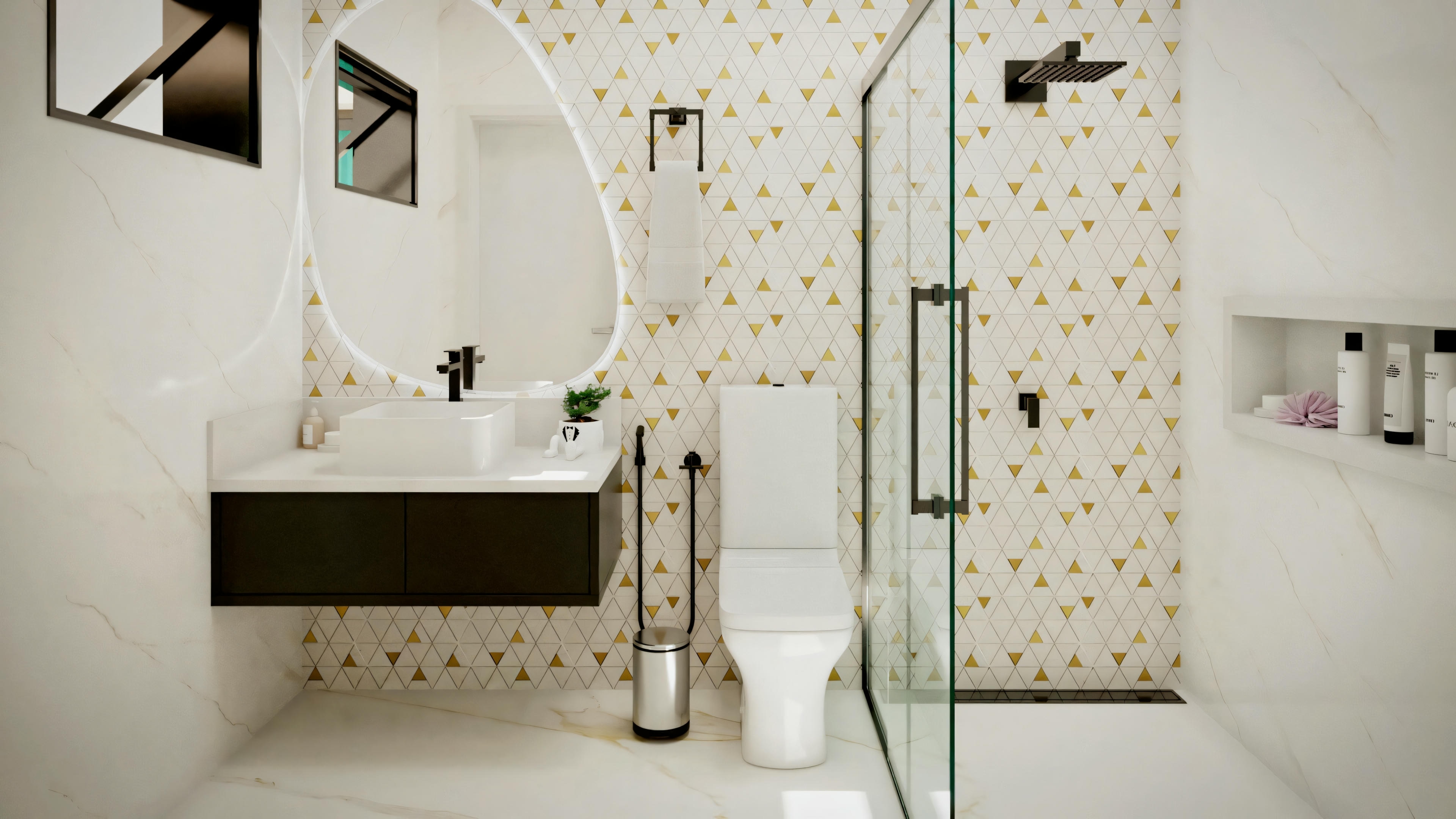 Bathroom with patterned wallpaper, shower area visible through glass doors, and a towel rack.