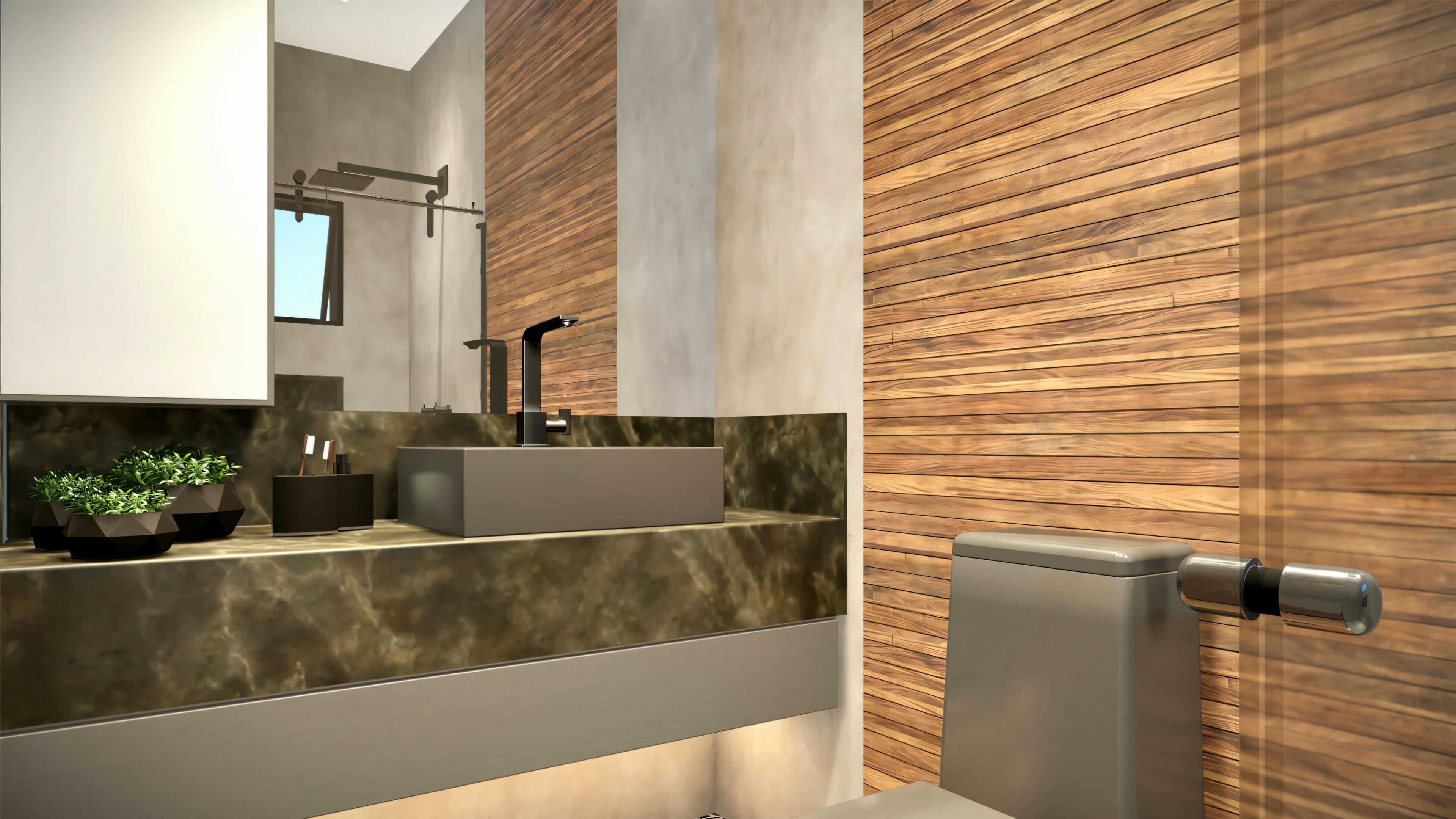 Close-up view of a bathroom section with sink, faucets, and mirror above, with wood paneling on the right wall and marble tiles behind the sink.