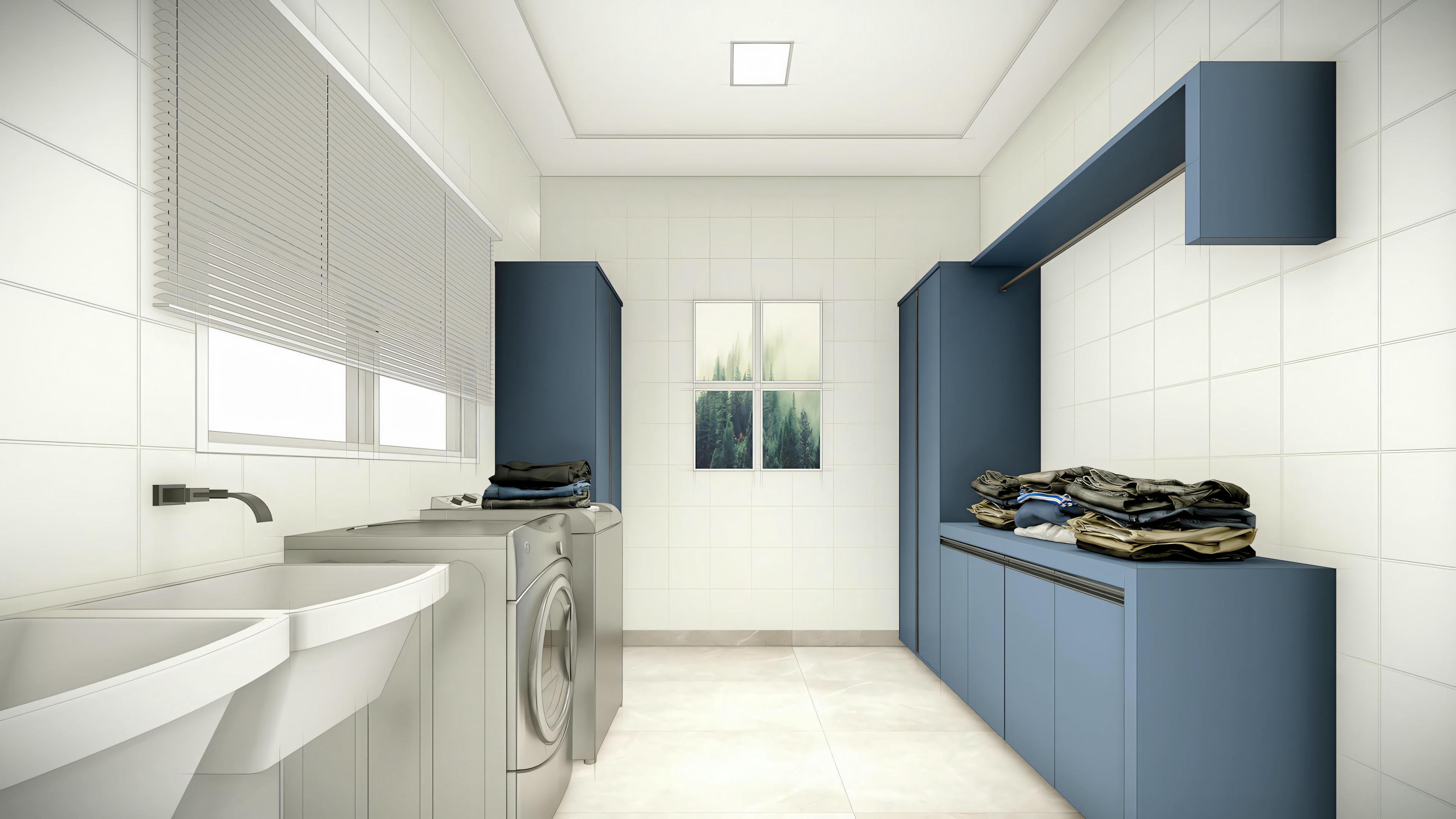 Modern bathroom with two sinks, mirrors, and a transparent glass shower enclosure.