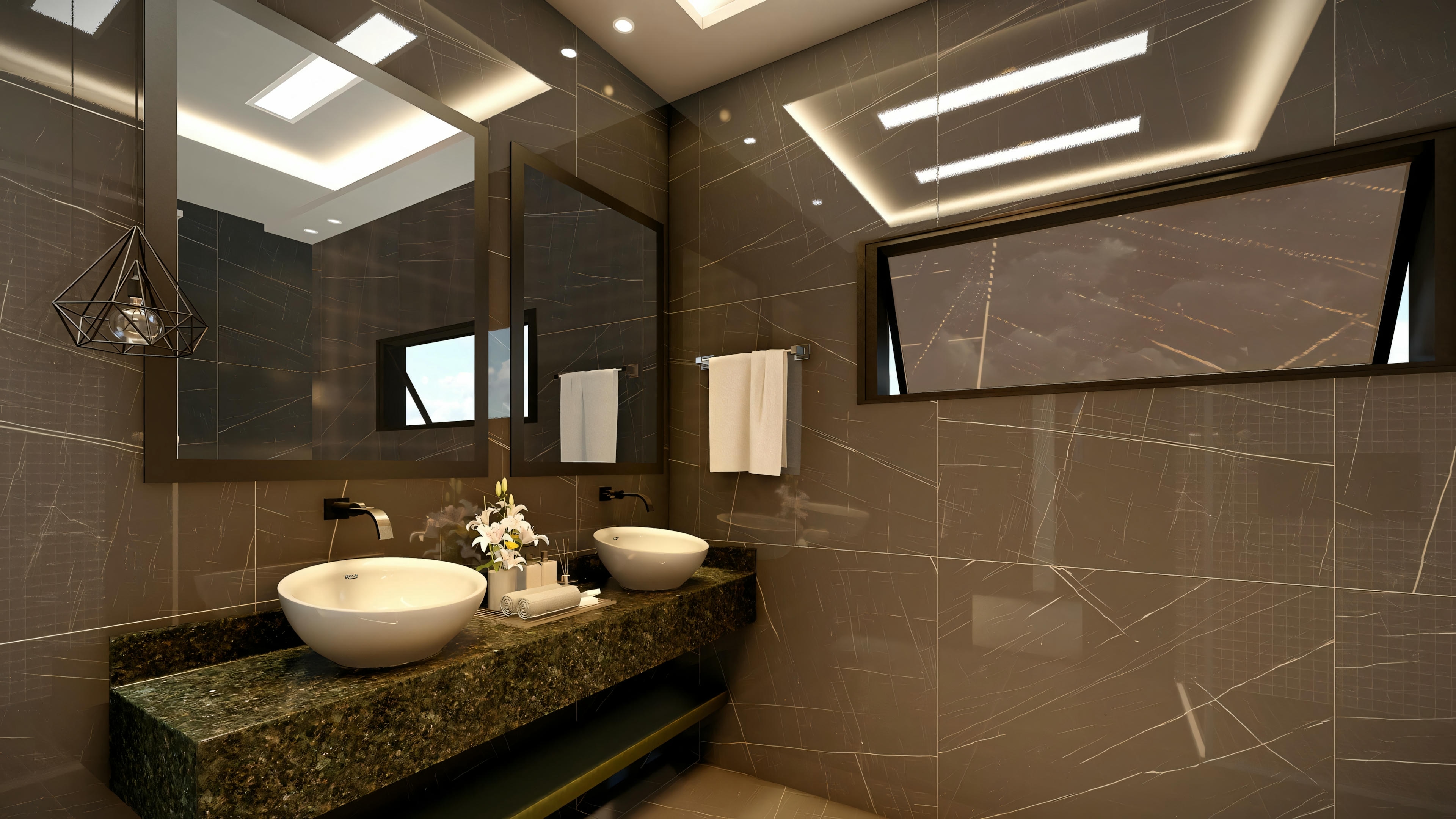 A bathroom with a double sink and mirrors, featuring dark tones and accent lighting.