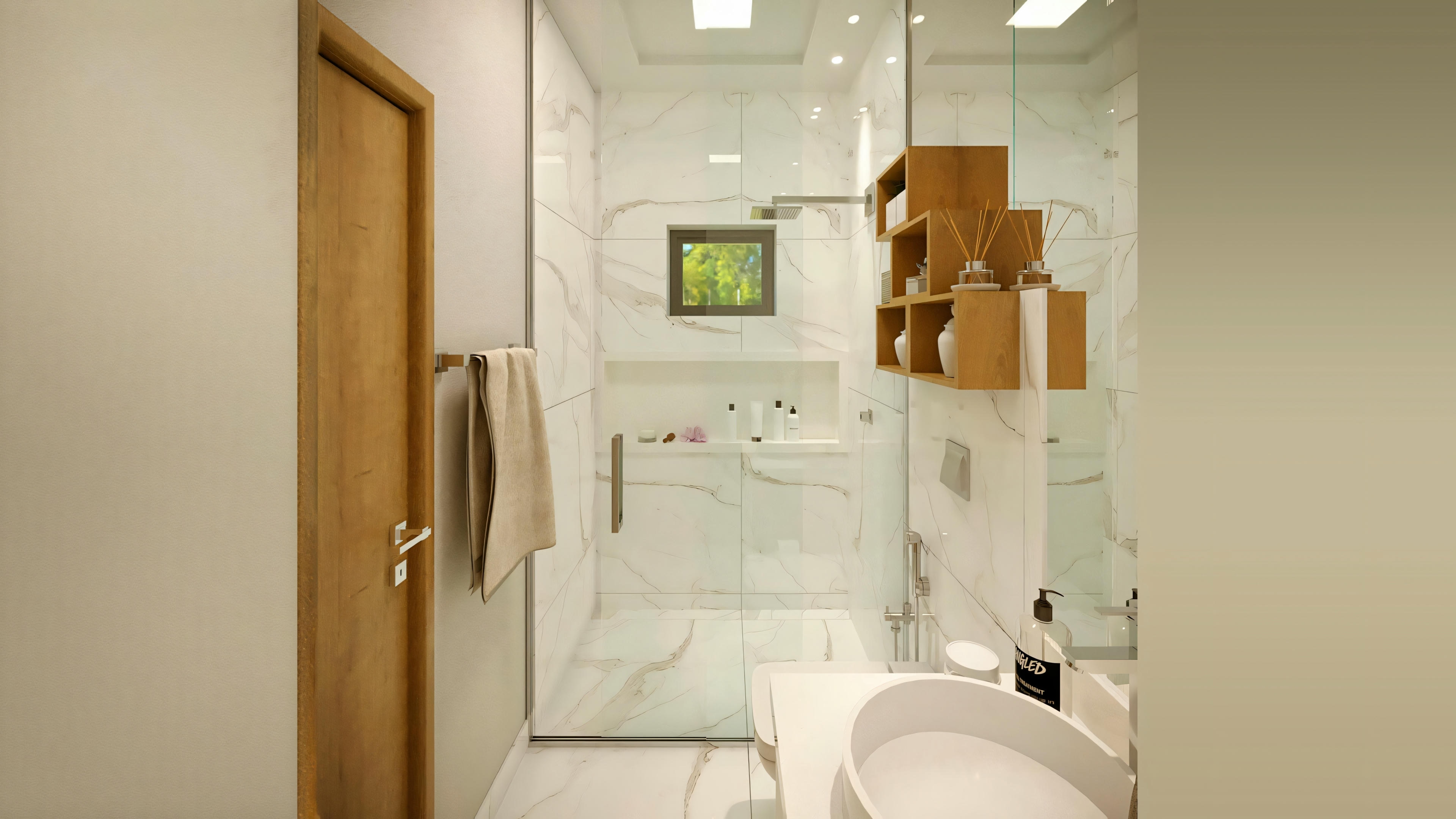 A bathroom equipped with a toilet, bidet, glass-enclosed shower area, and a towel hanging on the wall.