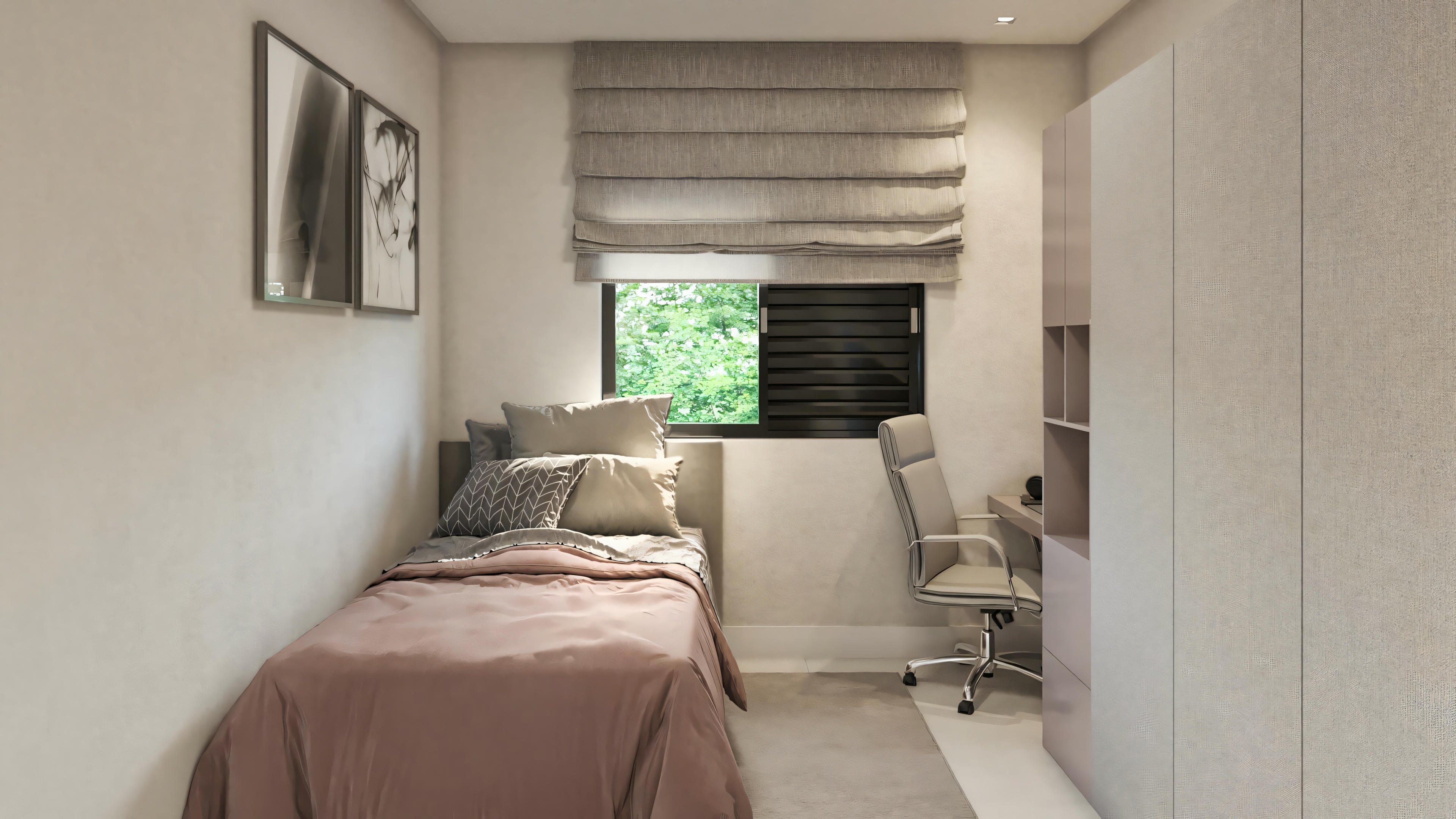 A bedroom with a partially visible bed, a window with closed blinds, and a picture frame on the wall.
