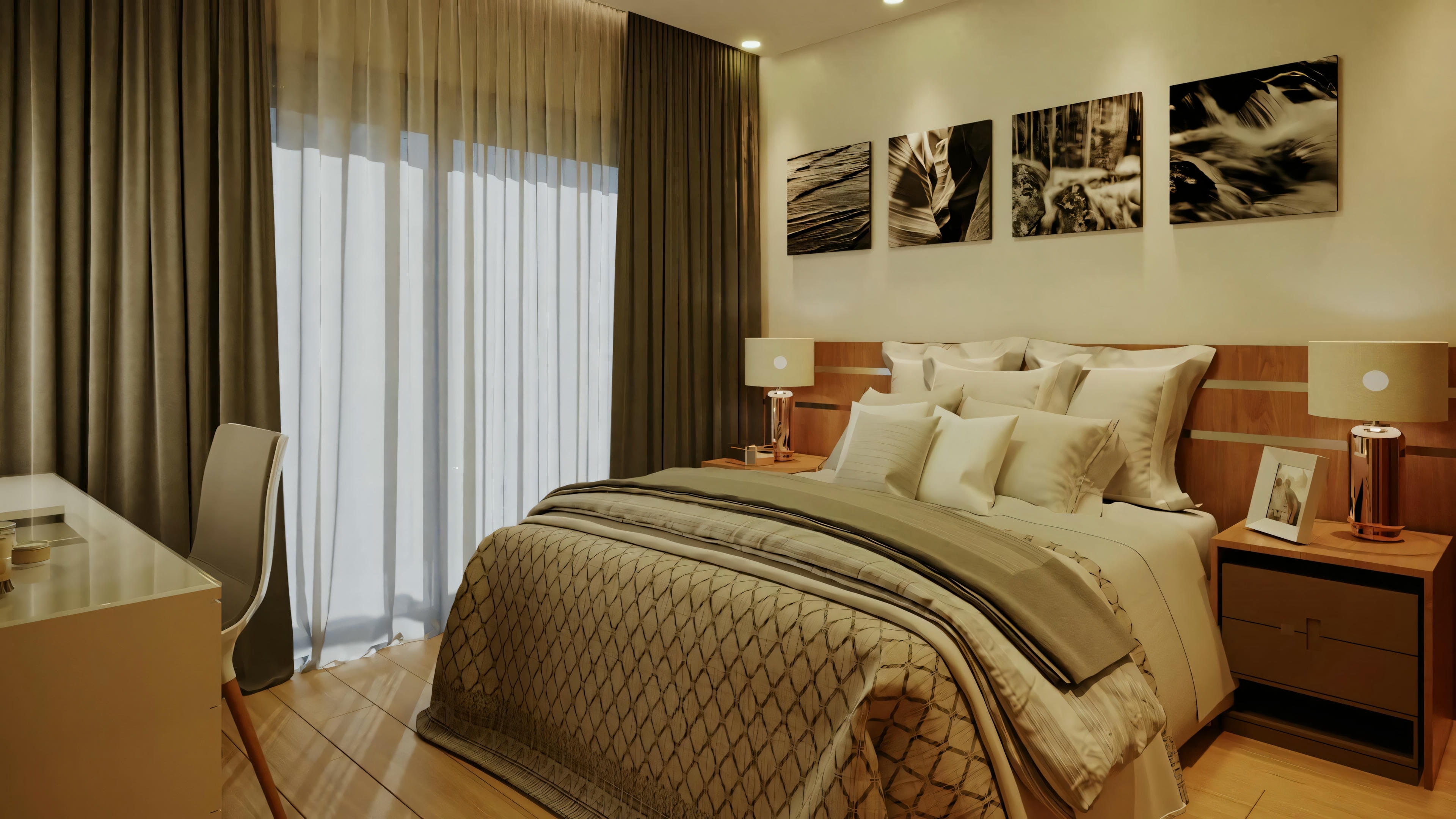A bedroom with a bed, nightstands, lamps, and wall art.