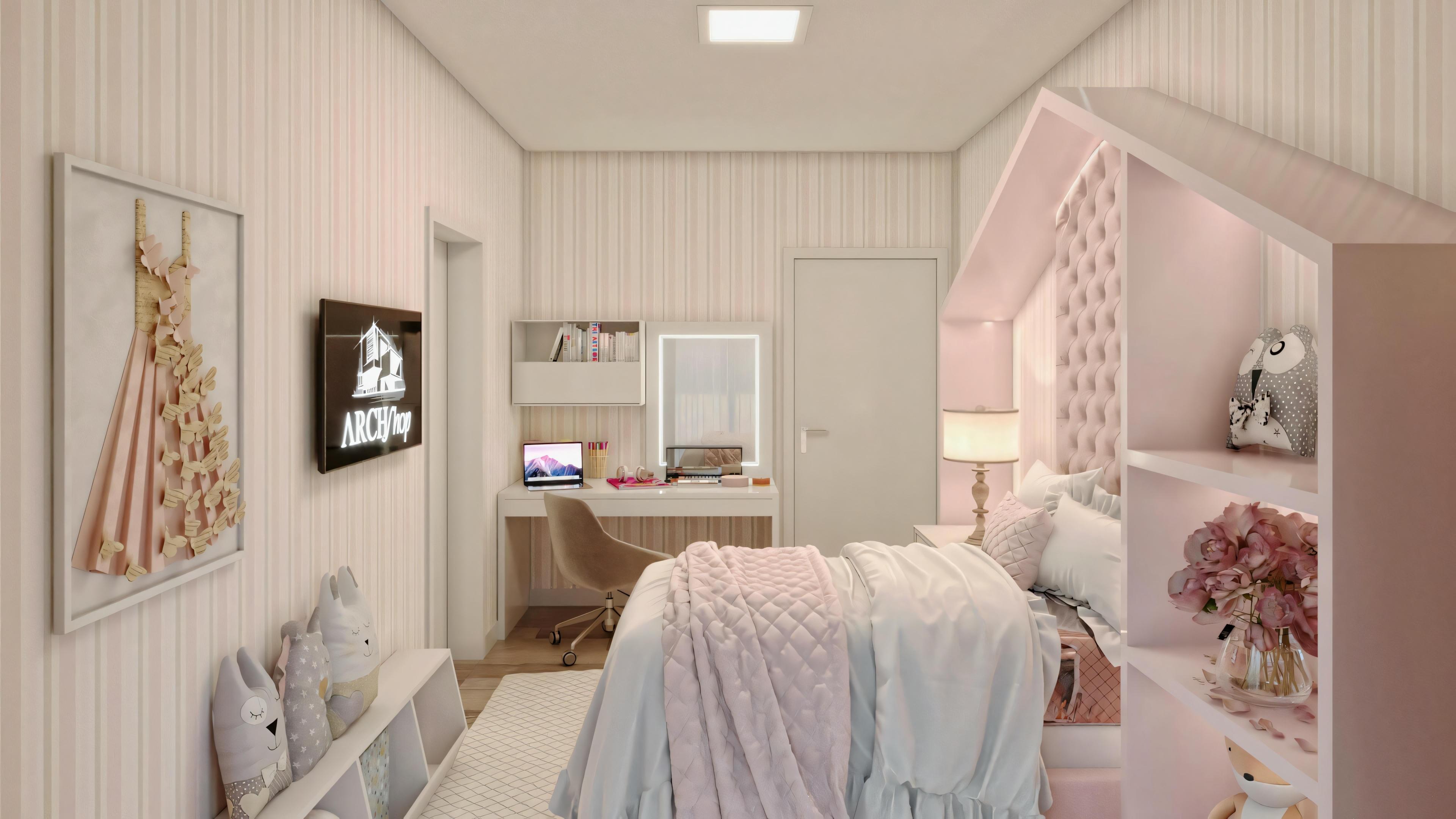 A children's or youth bedroom with a bed with pink and white bedding, a decorative canopy, wall art, and a study area with a computer.