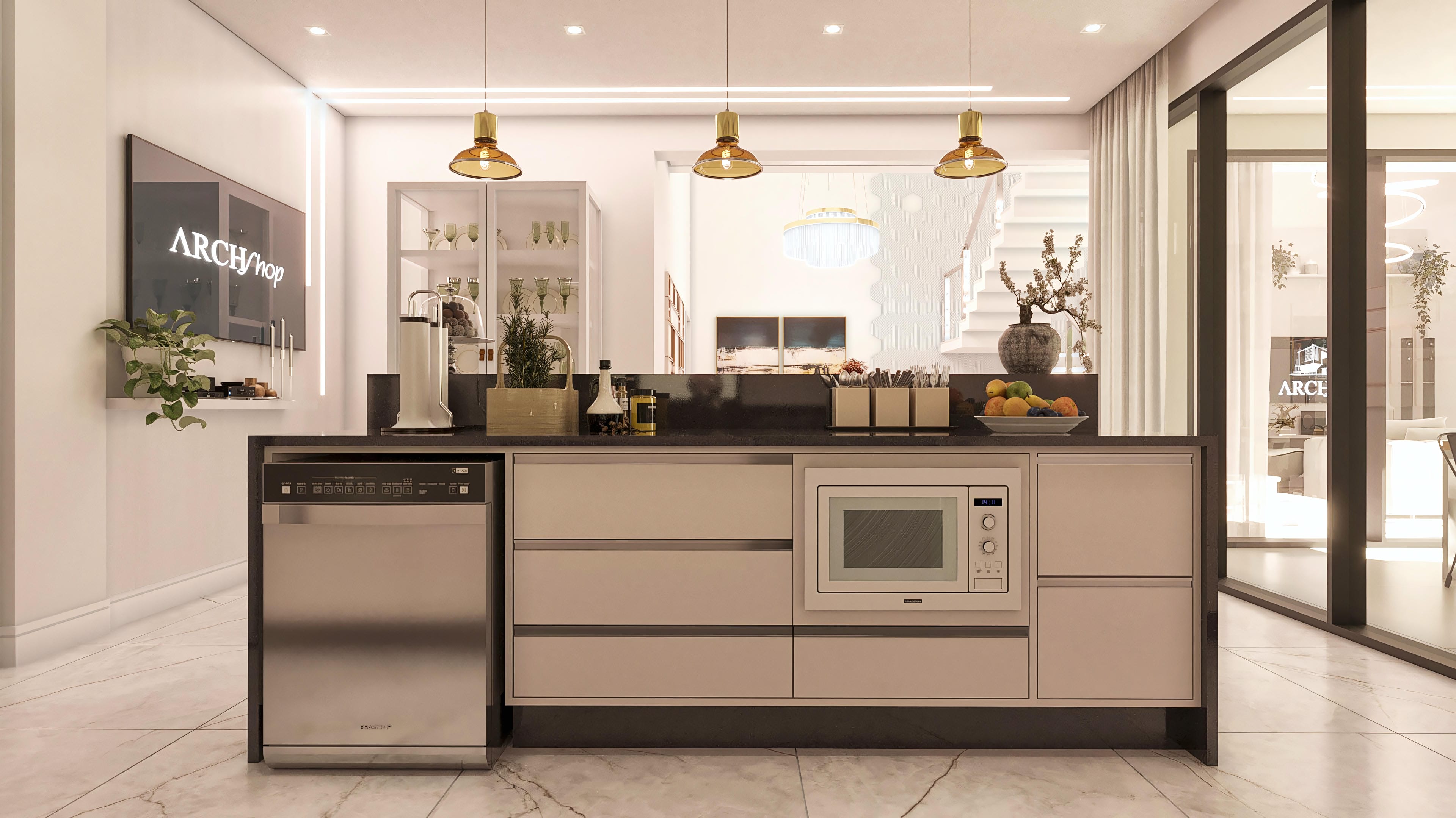 Vista interna de una cocina moderna con isla central, armarios a medida en tonos neutros, electrodomésticos en acero inoxidable y piso de porcelanato. Luminosidad acentuada por focos y lámparas colgantes.