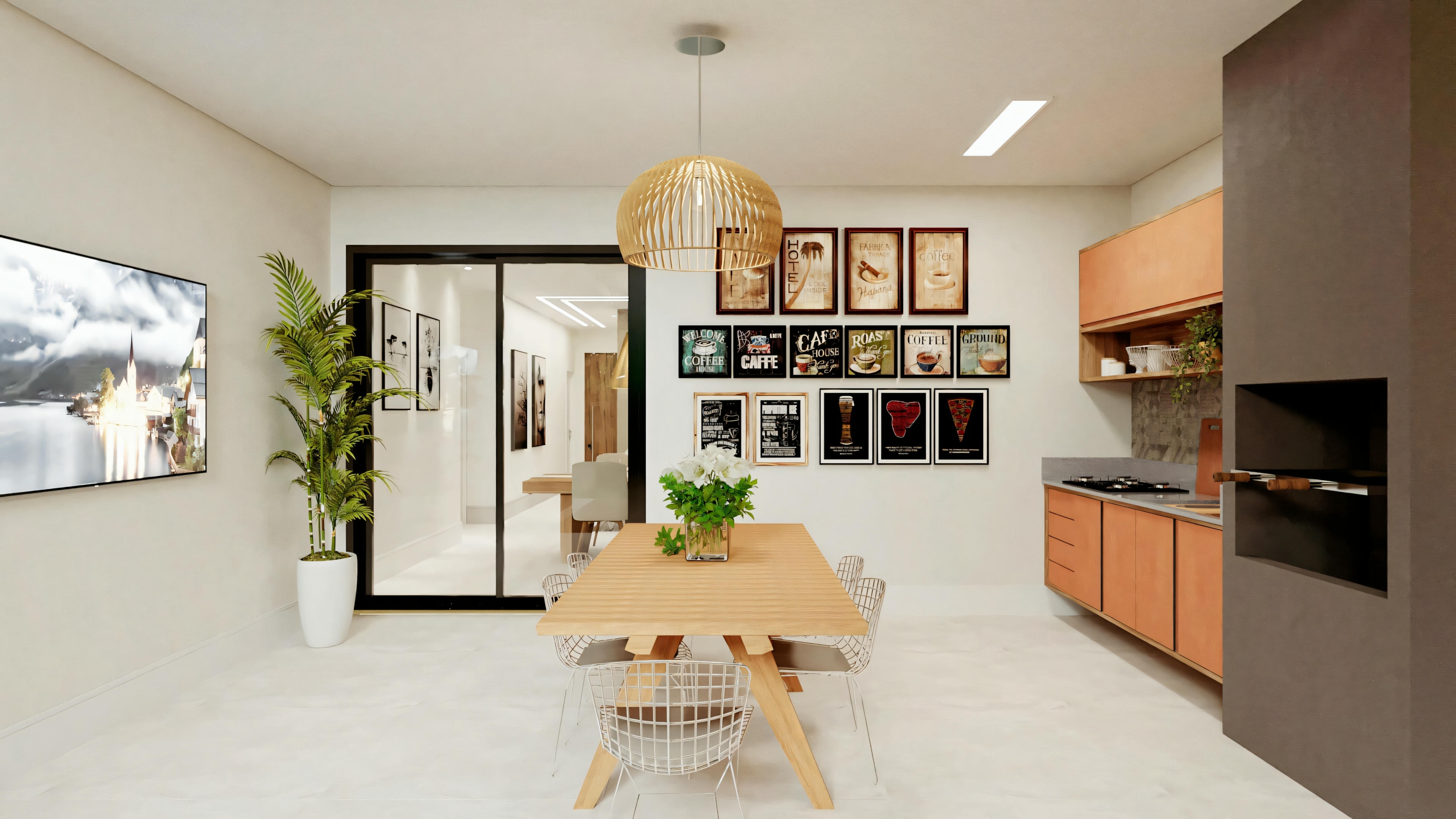 Cocina con gabinetes de madera, electrodomésticos de acero inoxidable, isla con sillas y lámparas colgantes encima.