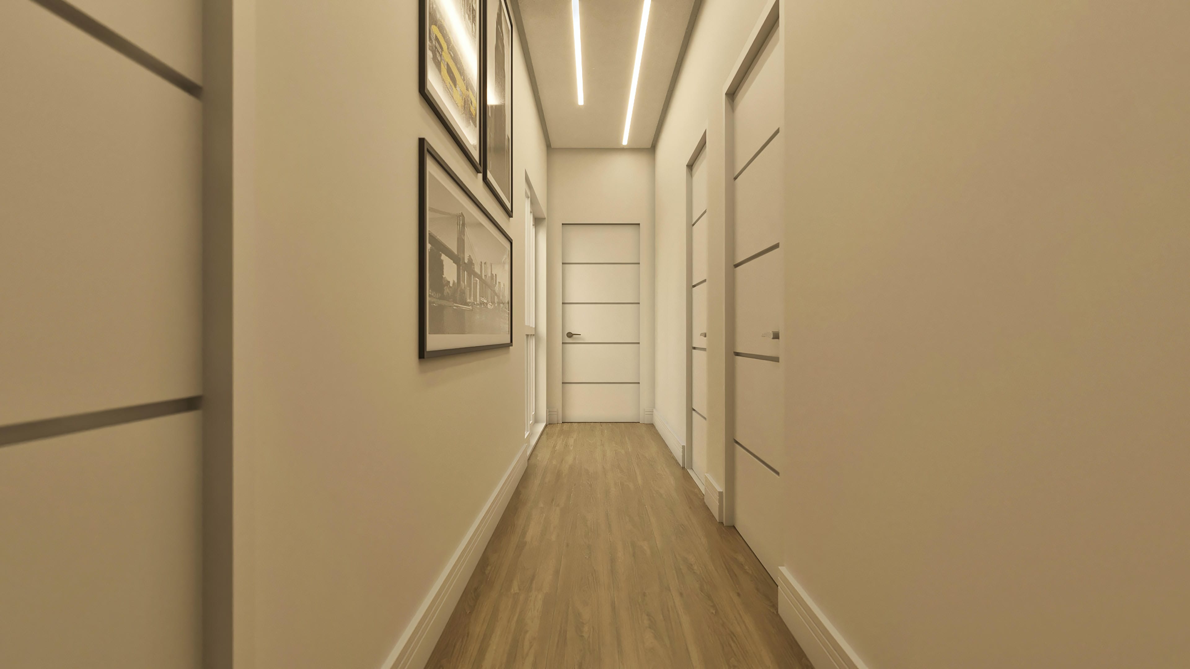 Interior de uma casa térrea, corredor com paredes claras e piso amadeirado. Portas brancas com detalhes modernos e iluminação embutida no teto.