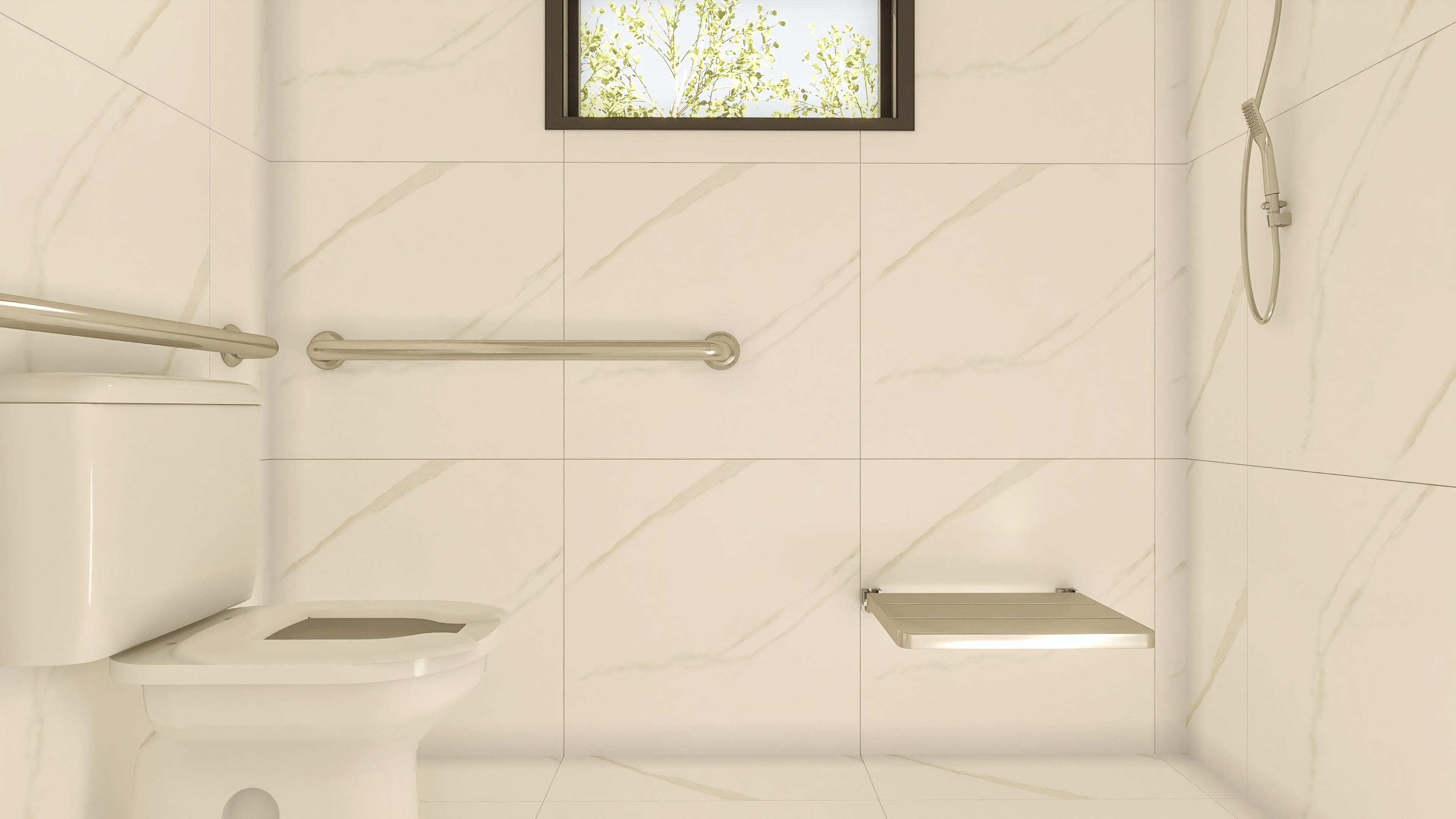 Modern bathroom with marble-look porcelain tile cladding, wall-hung toilet, chrome grab bars, and a fold-down seat in the shower area with a shower head.