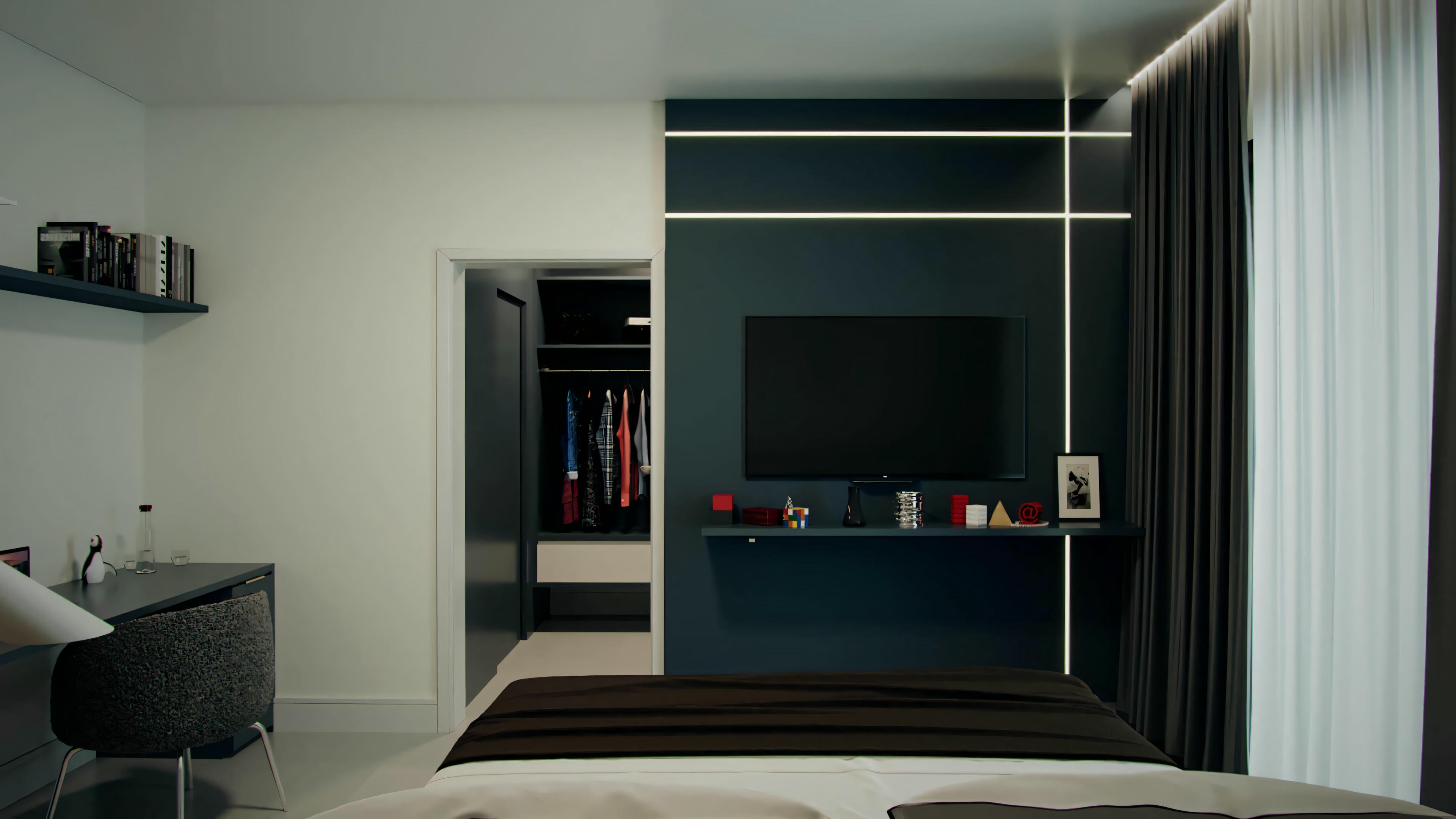 Un dormitorio con una cama ordenada, dos mesitas de noche y cuadros decorativos encima de la cama.