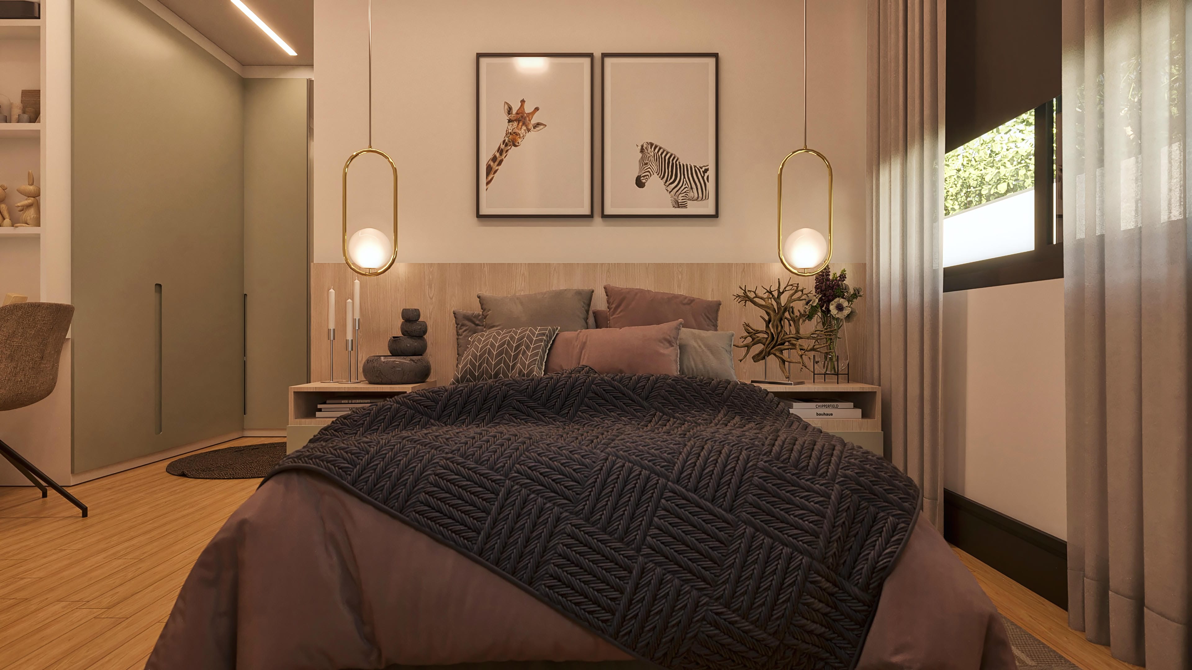 Dormitorio con cama de matrimonio, cabecero en madera, iluminación empotrada, colgantes dorados, cuadros decorativos y ventanas amplias con cortinas.