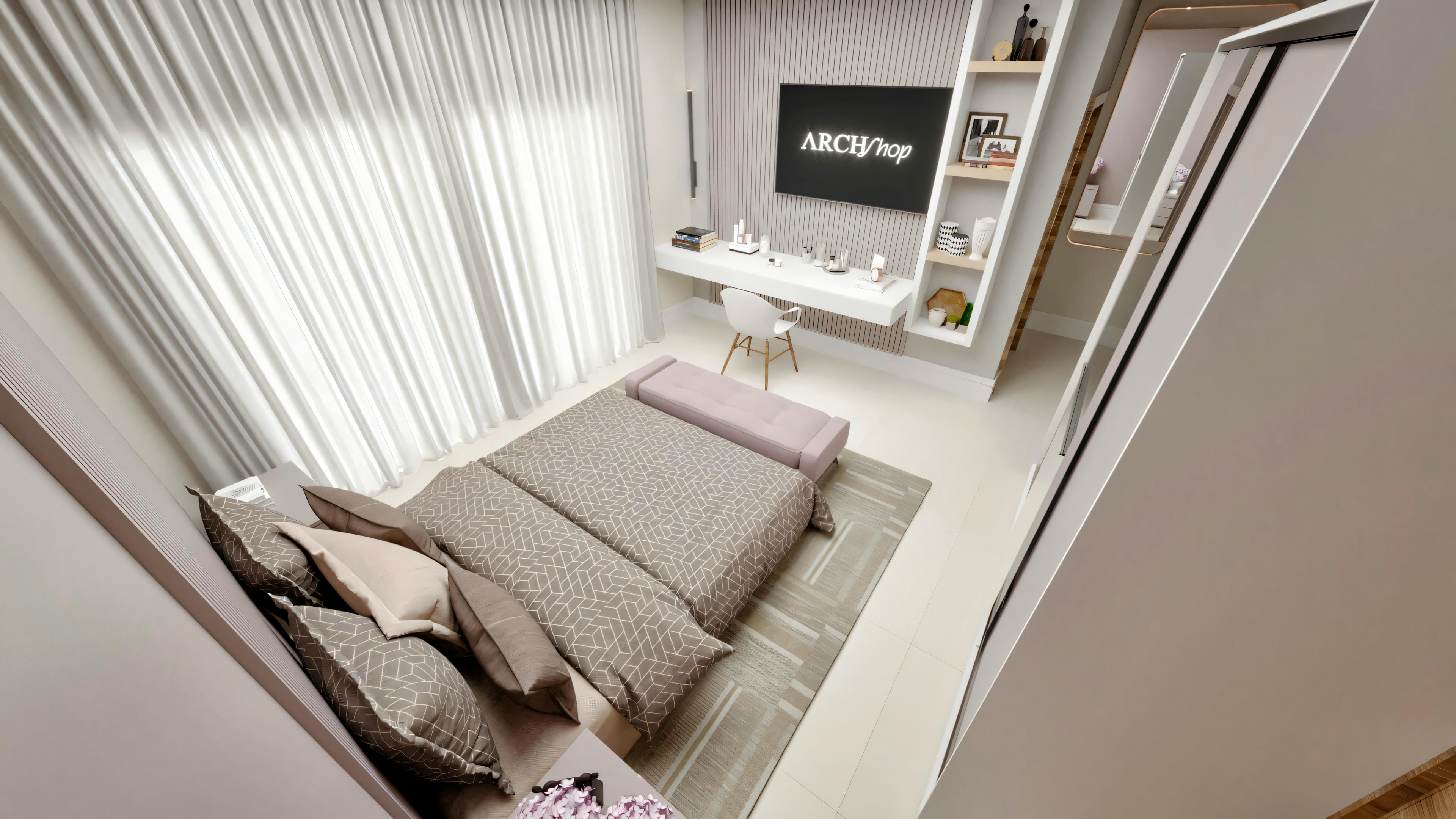 Vista superior de un dormitorio de suite moderno con cama de matrimonio, escritorio empotrado y ventana amplia, parte de un proyecto de casa neoclásica de 416m².