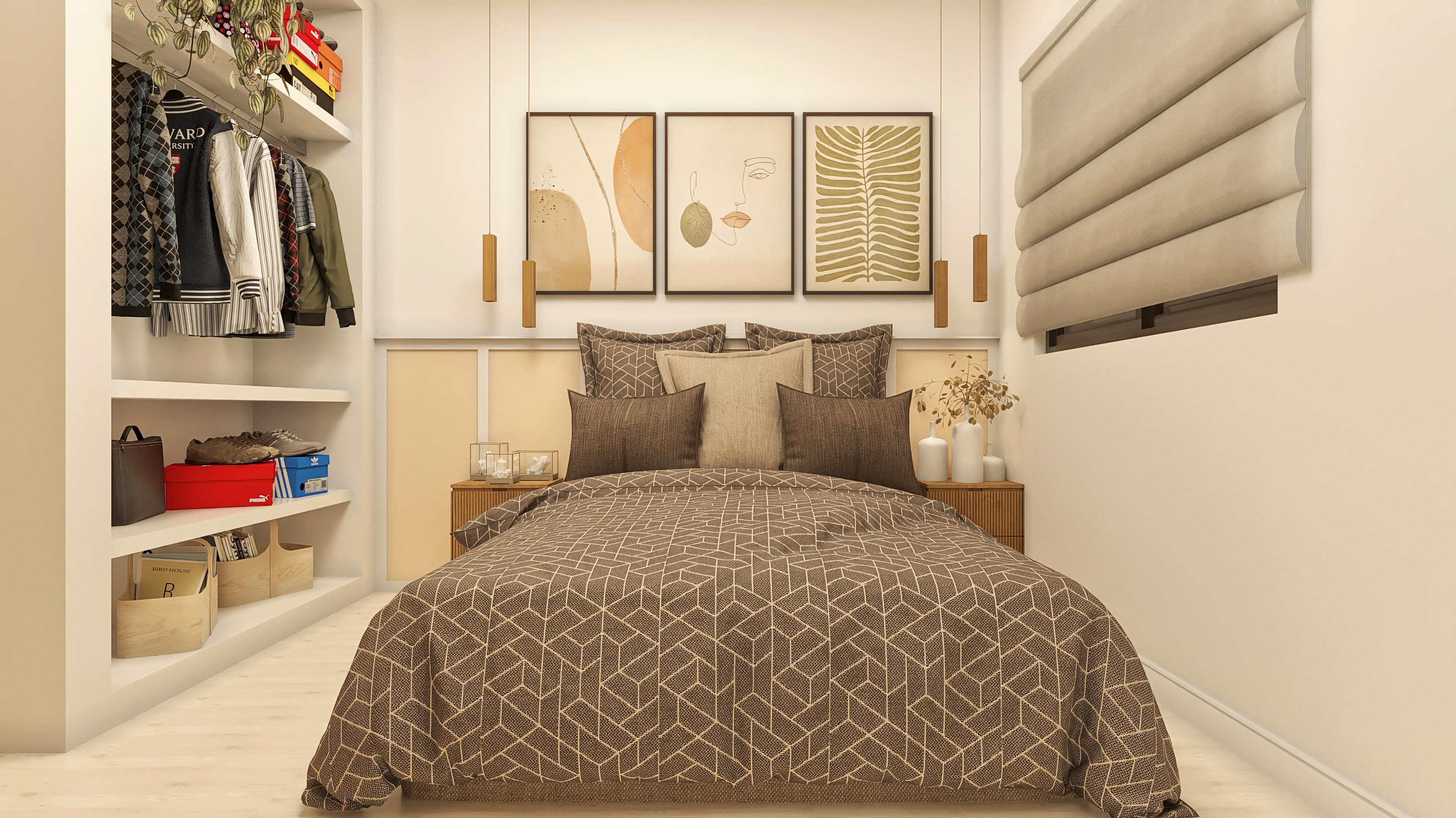 Interior de suite moderna con cama de matrimonio, patrones geométricos en tonos terrosos, vestidor abierto con ropa y calzado, y obras de arte abstractas.