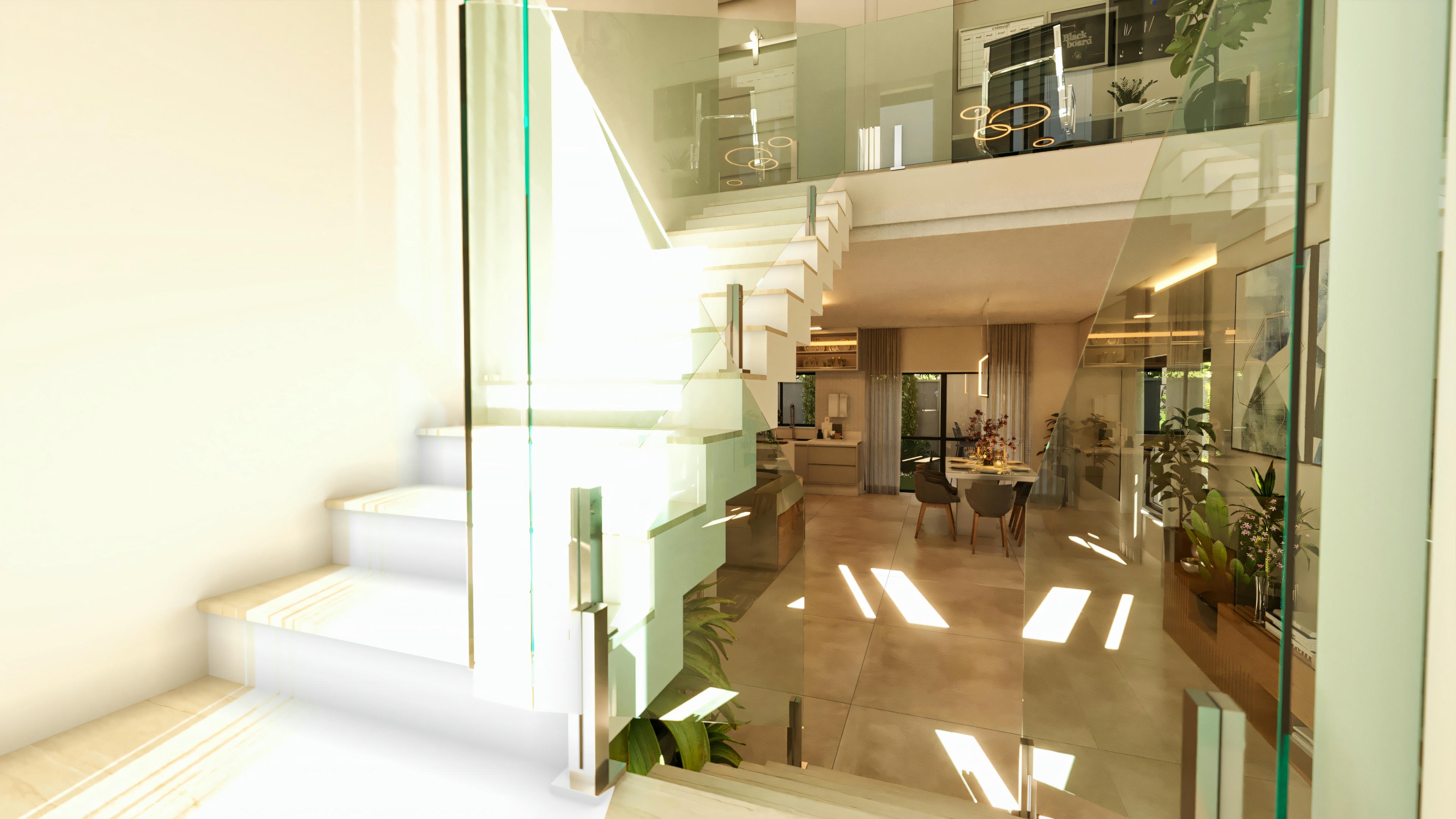 Interior de casa de dos plantas moderna con 4 habitaciones, destacando la escalera interna con peldaños claros y barandilla de vidrio, conectando con el área social en el piso inferior.