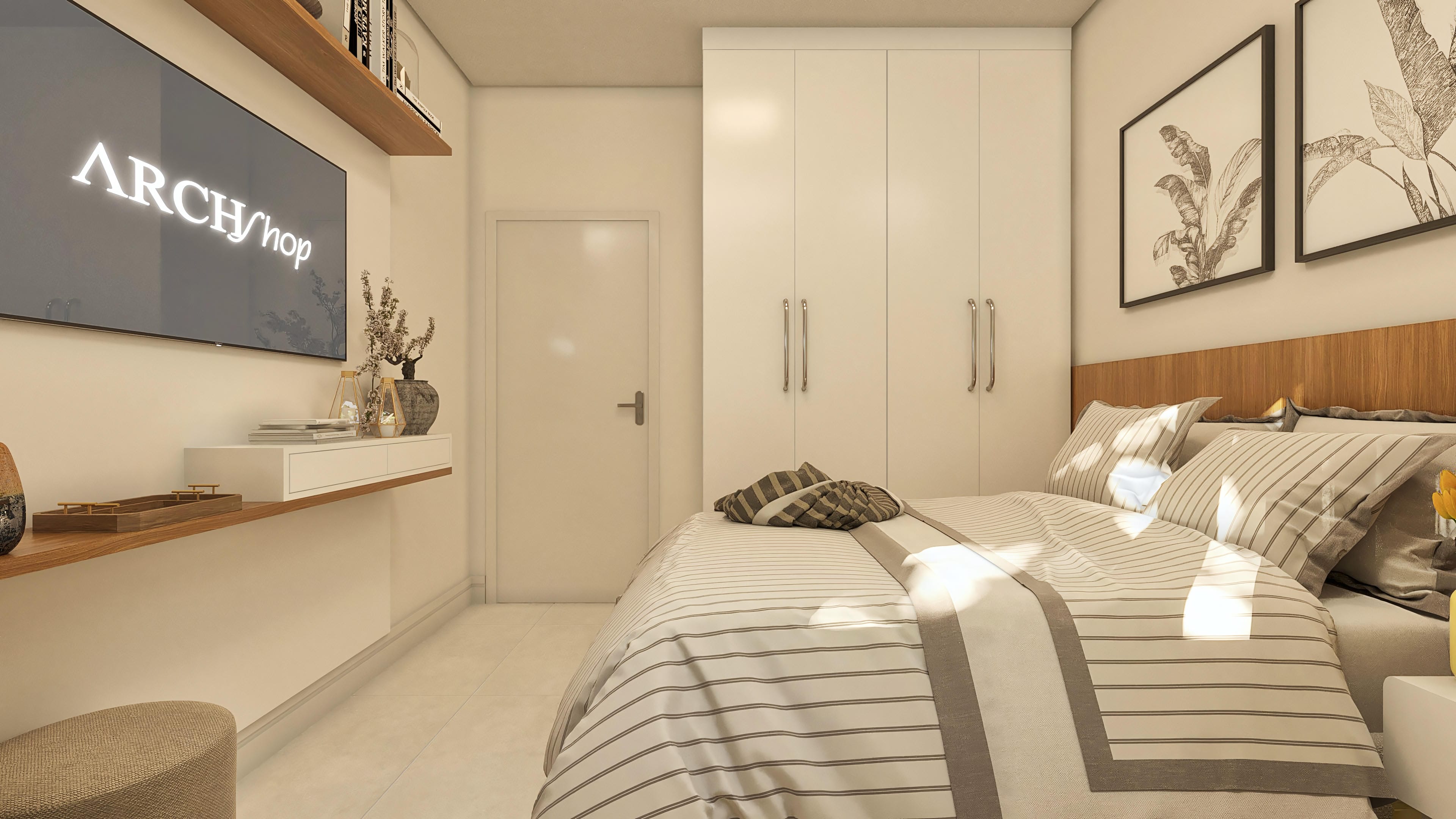 Interior de suite moderna en casa de una planta, con cama de matrimonio con sábana a rayas, armario blanco planificado, panel de TV y decoración minimalista.