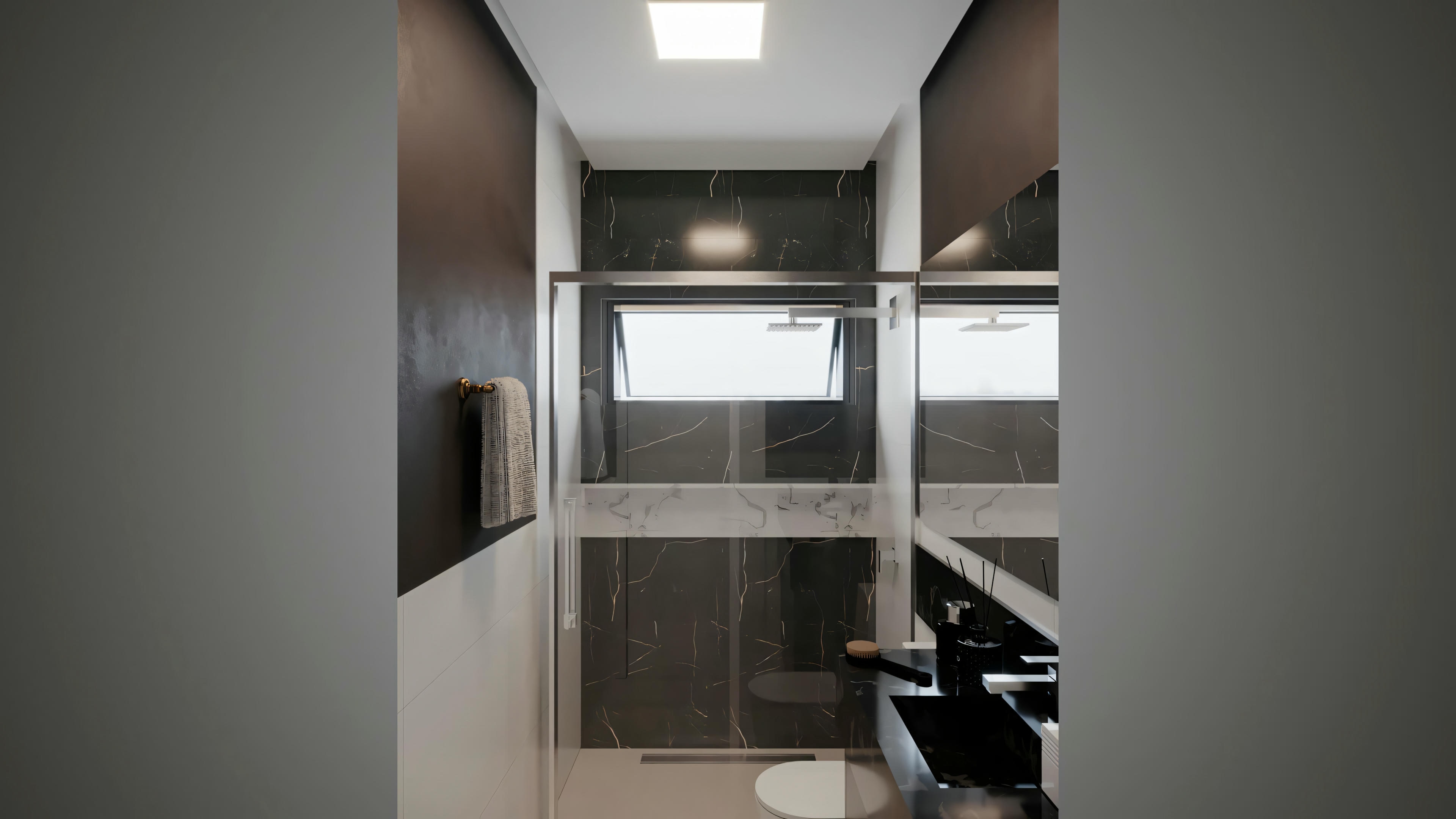 Um corredor ou hall de entrada com tons escuros, detalhes em madeira, espelho e iluminação indireta.
