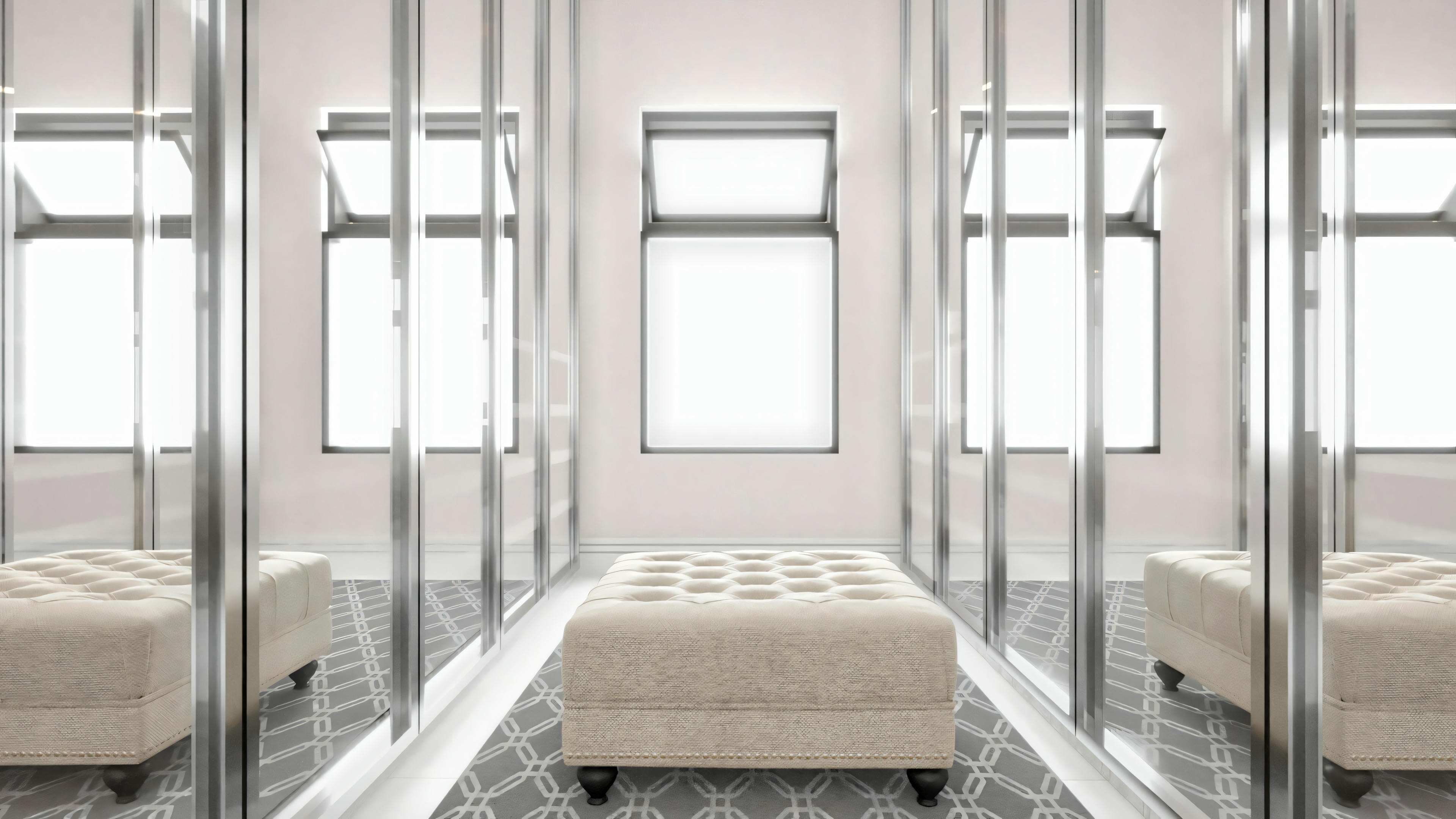 A hallway with multiple doors, polished flooring, and tall windows at the end.