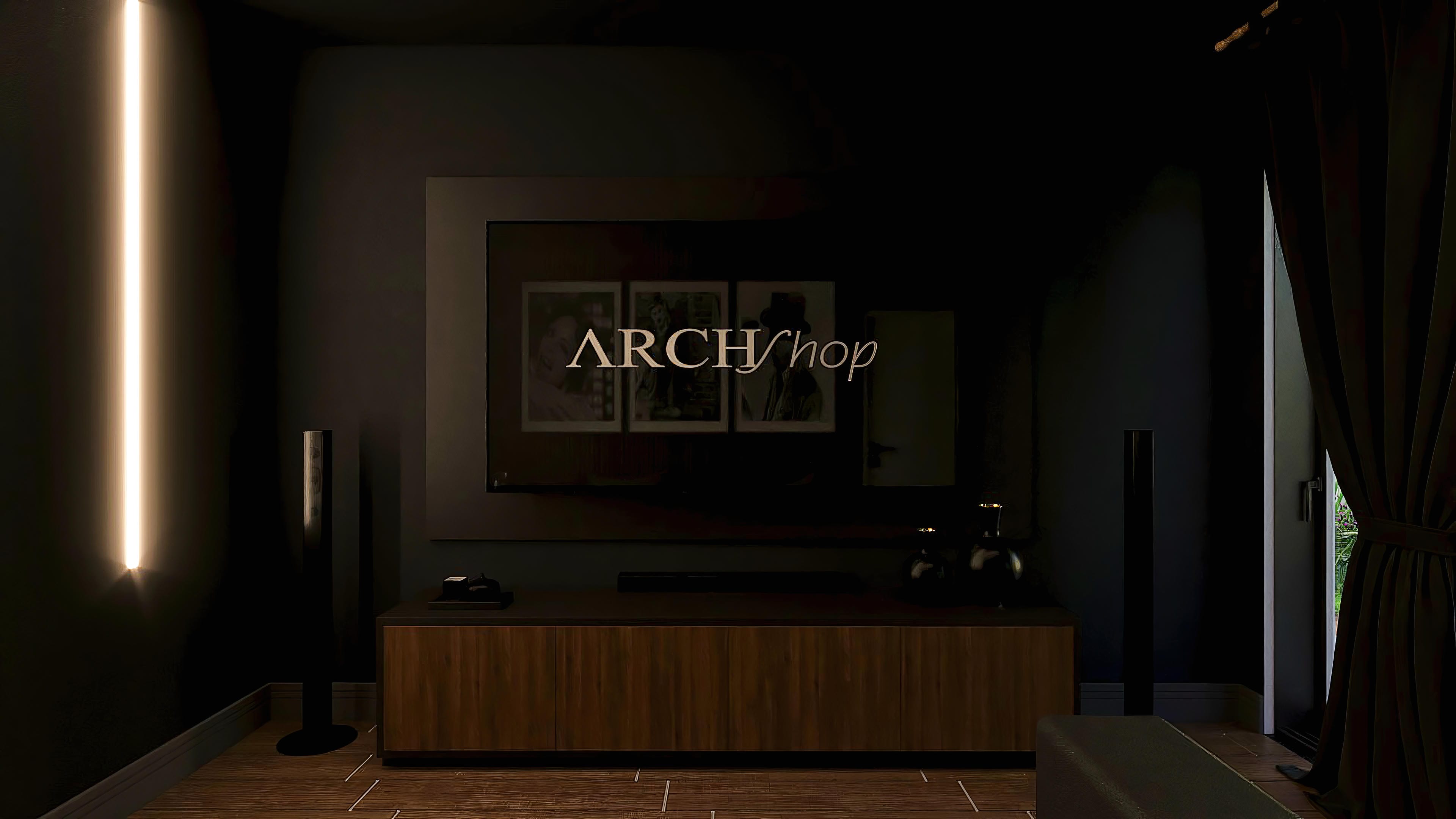 Interior of a high-standard neoclassical two-story house, with a dark wood TV panel and vertical linear lighting.