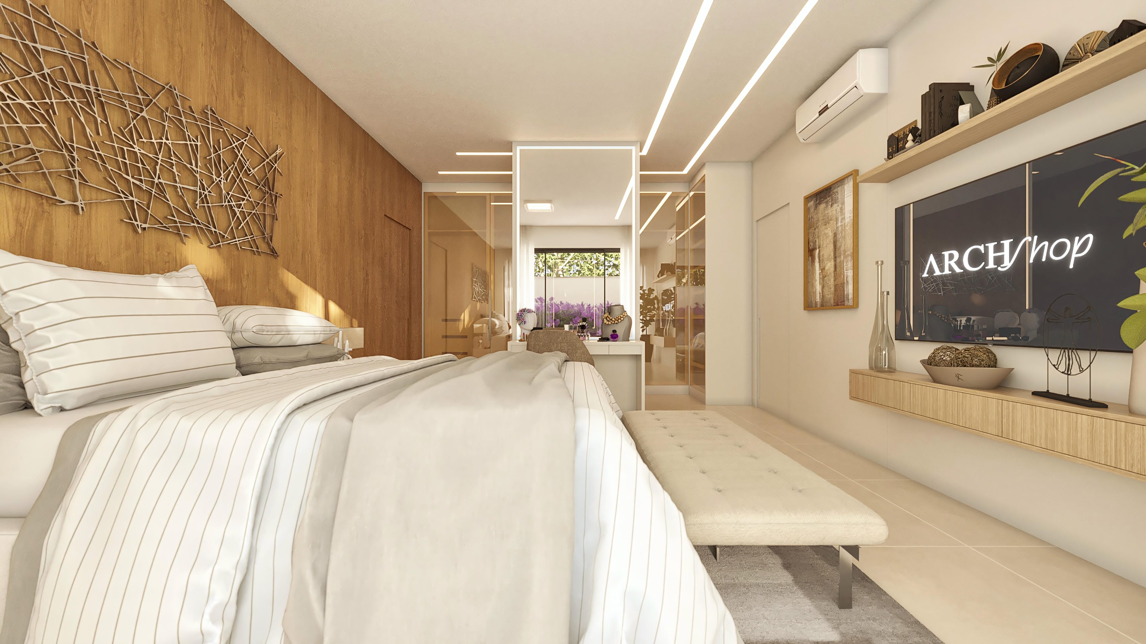 Interior de uma suíte master com tons neutros, revestimento amadeirado, closet espelhado e iluminação indireta em LED.