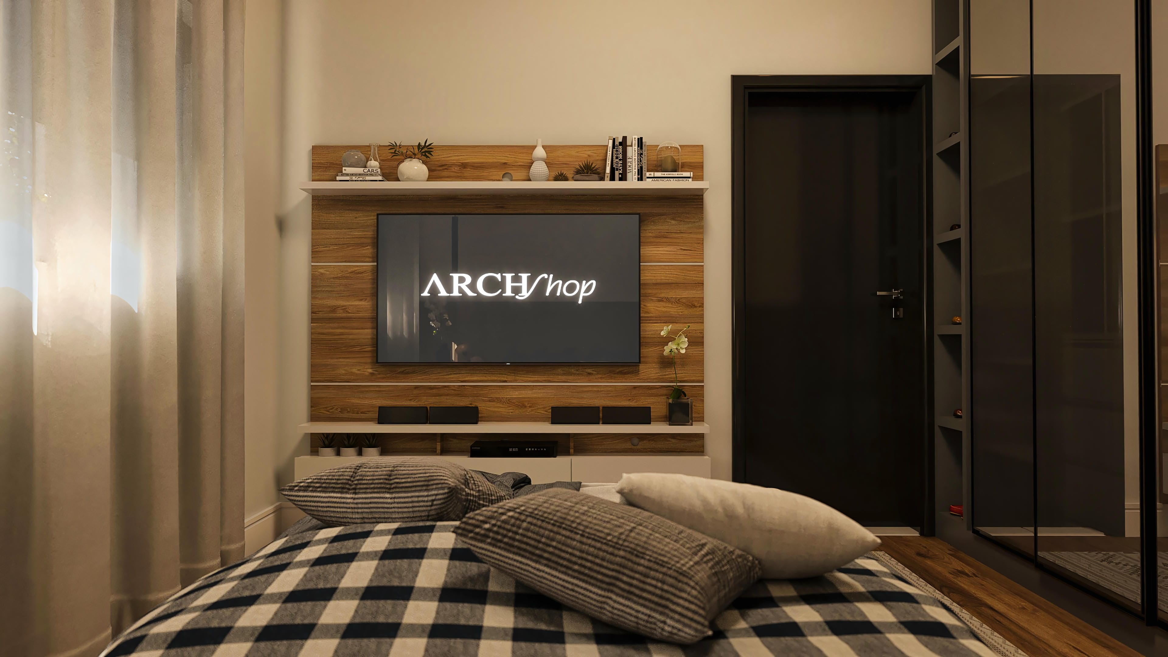 Living room detail with slatted wood panel, modern television and decorative elements. Focus on contemporary and cozy design.