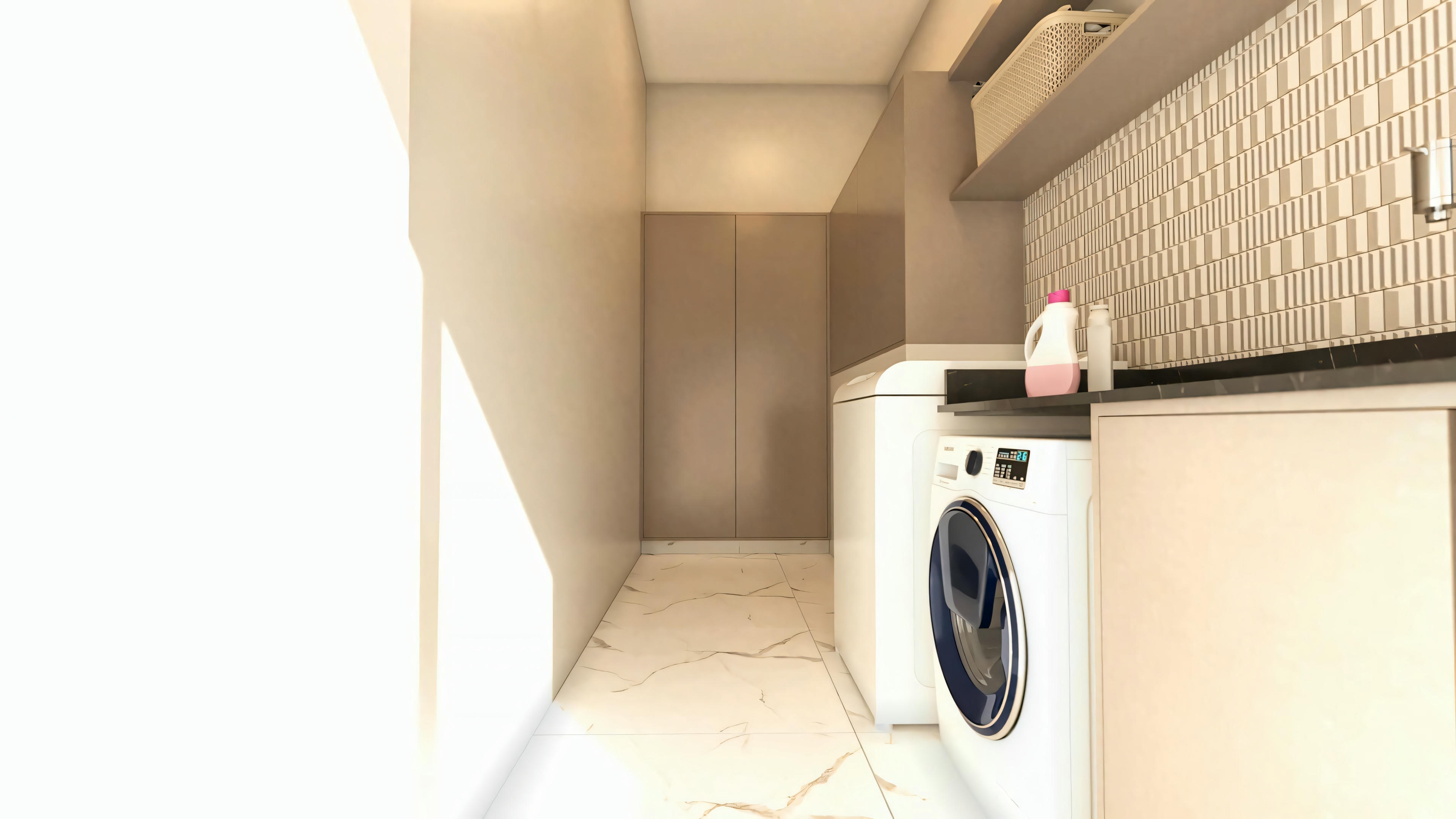 Service area corridor in a bungalow house project with 3 suites. View of the washing machine, countertop with sink, upper cabinets, and tall cabinet in the background. Part of a 276.43m² bungalow house plan with 3 suites and a gourmet area.