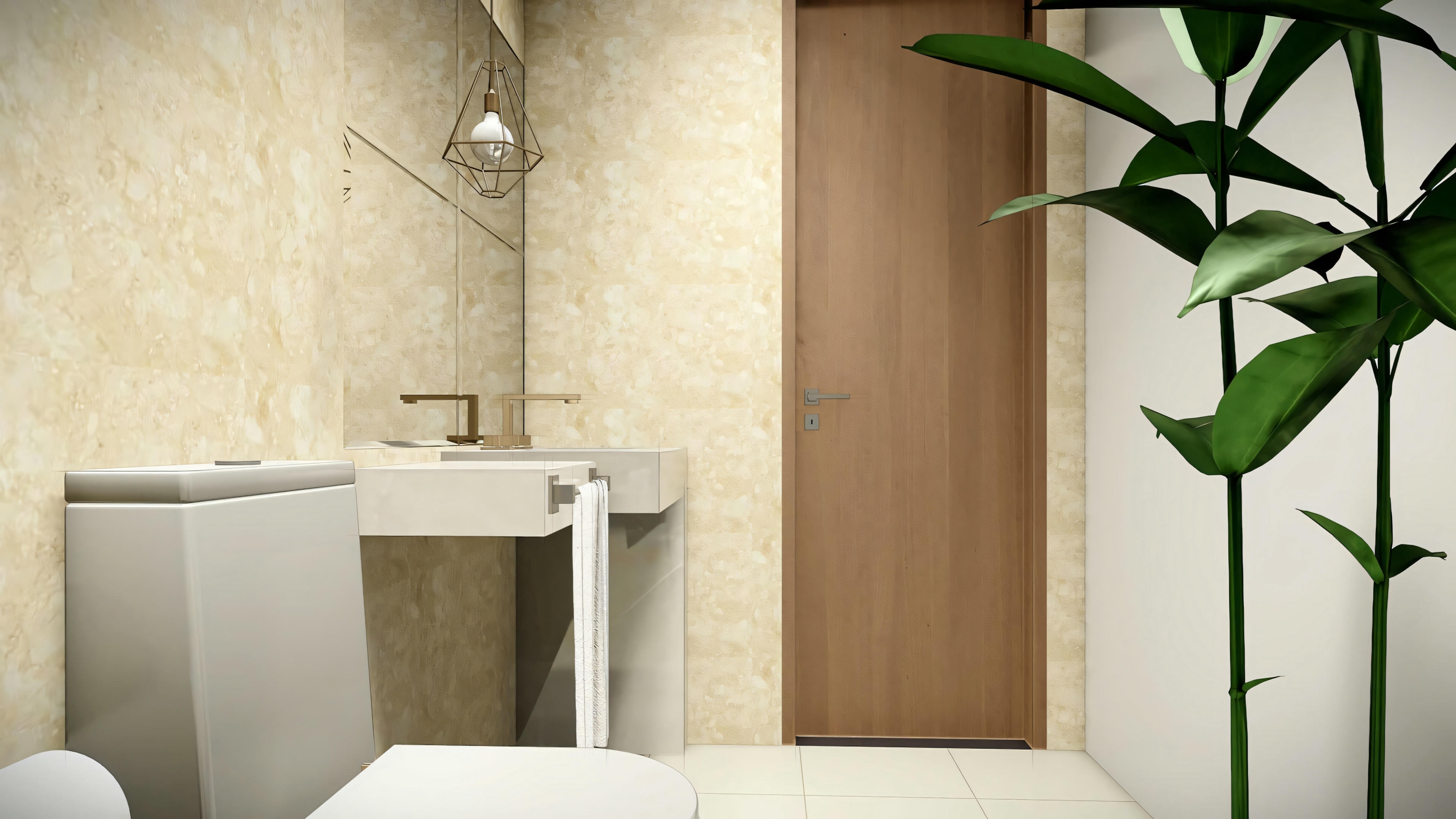 Design de lavabo moderno pertencente ao projeto de casa, equipado com vaso sanitário, lavatório compacto de parede (suspenso), torneira de metal, espelho vertical, luminária pendente de estilo geométrico/industrial, porta de madeira clara e revestimento de parede que remete a mármore.