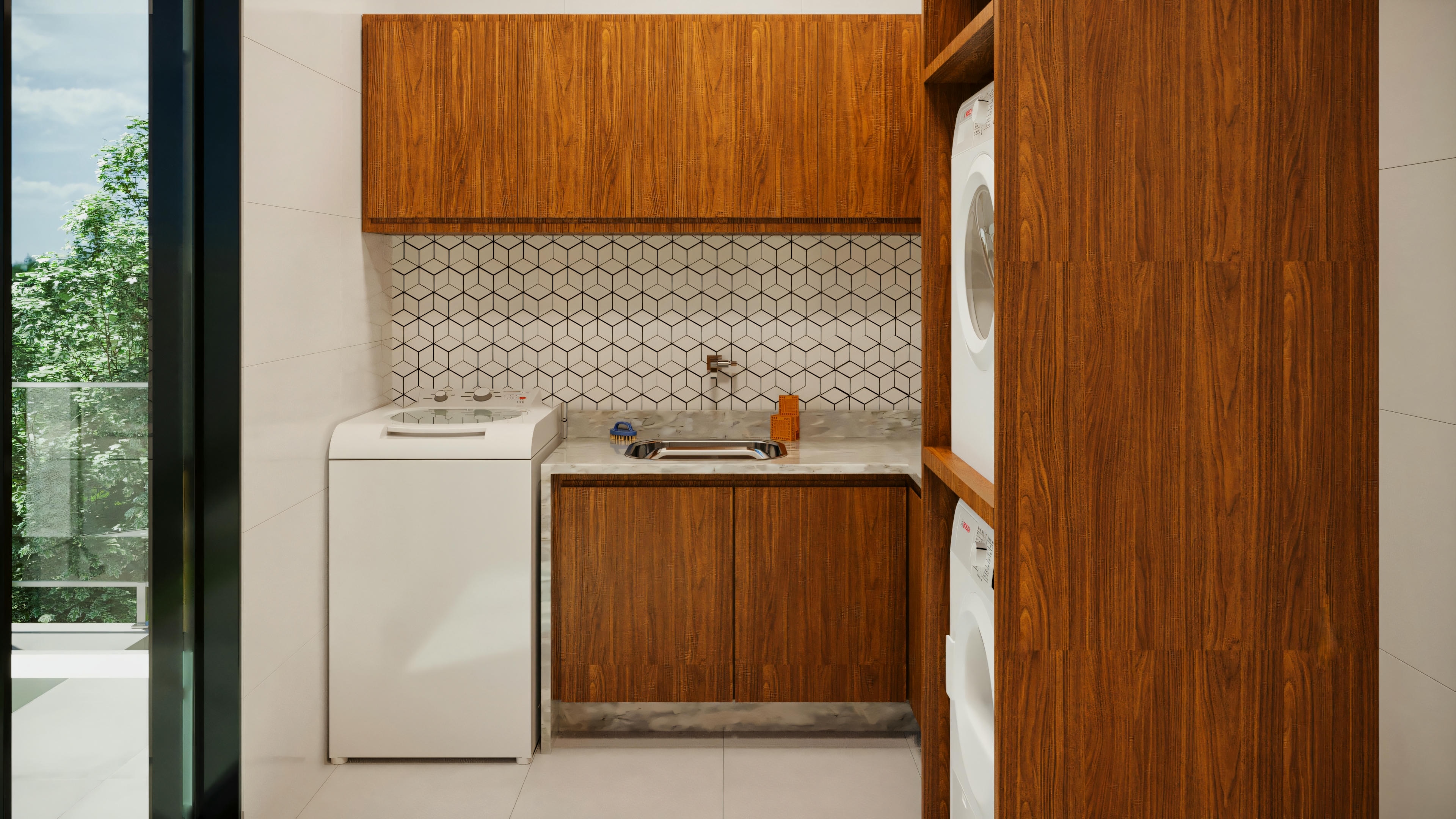 Lavandería equipada con lavadora, fregadero, armarios planificados de madera y revestimiento hexagonal, en casa con 3 suites y zona gourmet.