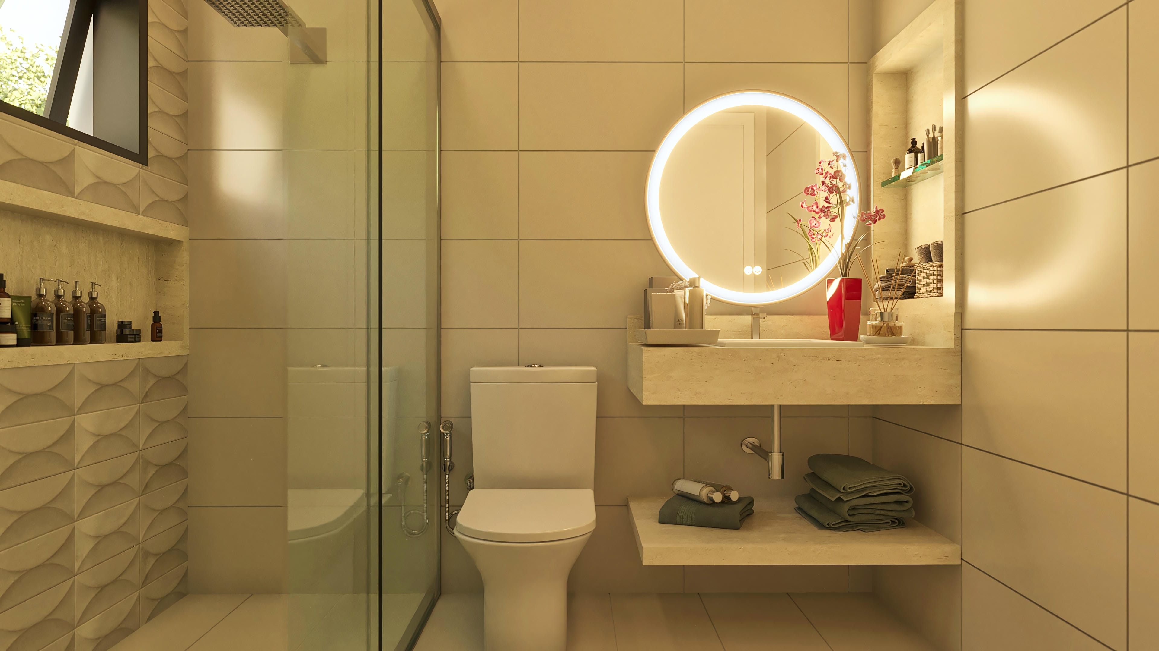 Interior of a modern and elegant bathroom, highlighting textured wall tiles, glass shower enclosure, round mirror with LED lighting, and marble countertop.