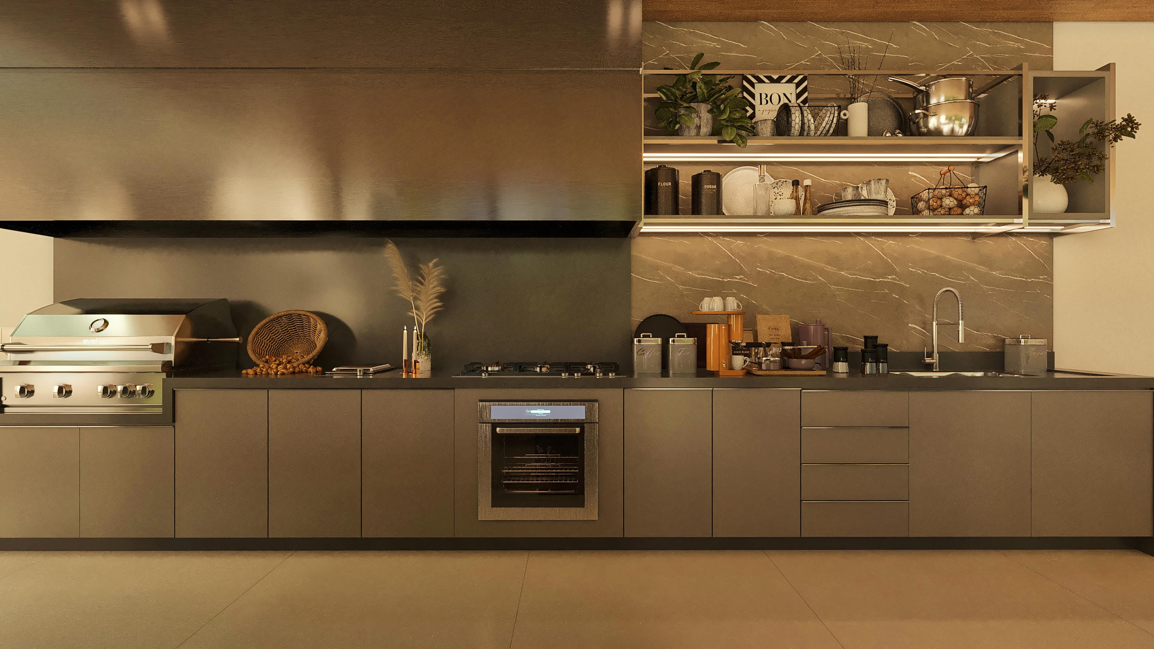 Modern graphite-toned countertop with a stainless steel barbecue grill, built-in electric oven, sink with gourmet faucet, and custom cabinets.