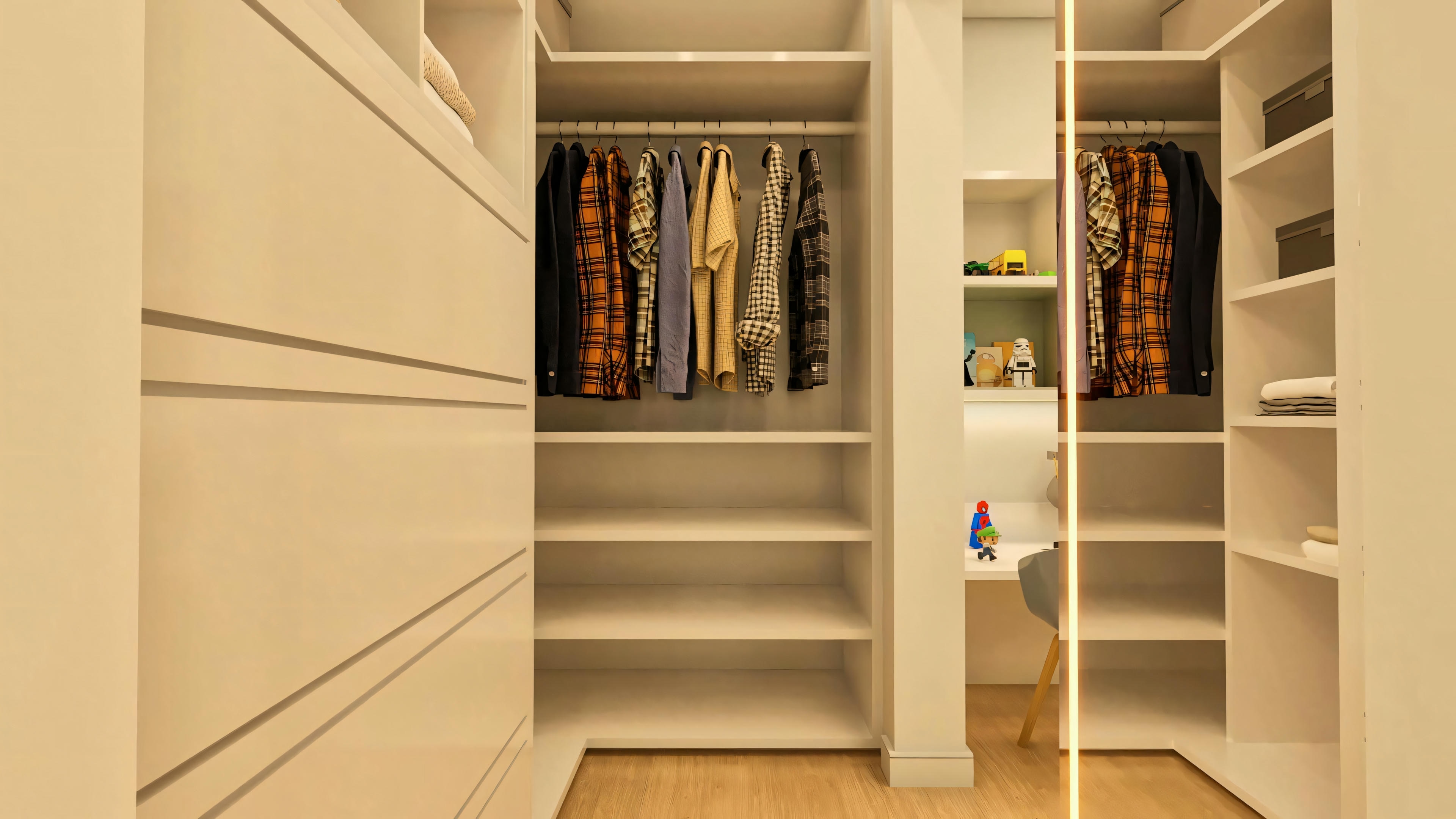 Spacious walk-in closet in a luxury house suite, with custom white cabinets, shelves, drawers, and LED lighting.
