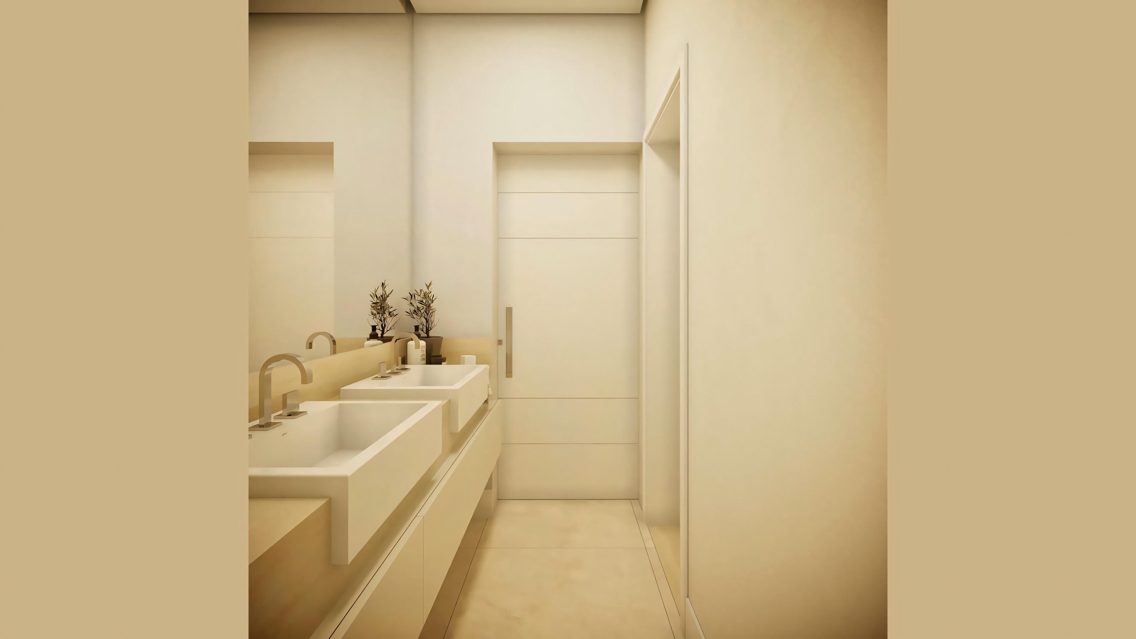 A modern bathroom with clean lines, a neutral color palette, and well-distributed lighting.