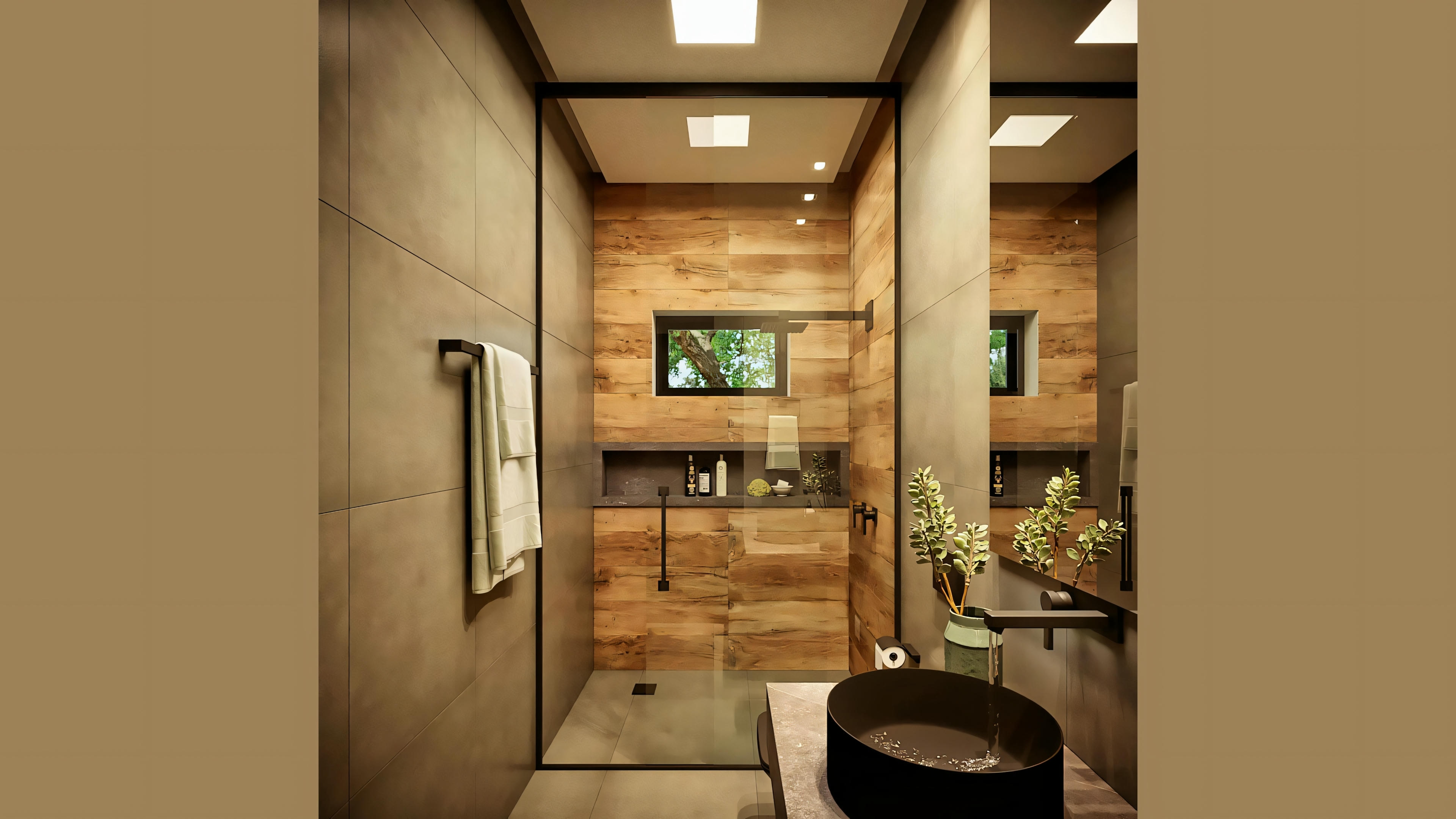 Modern bathroom with wooden elements, a large round sink, and a shower area in the background.