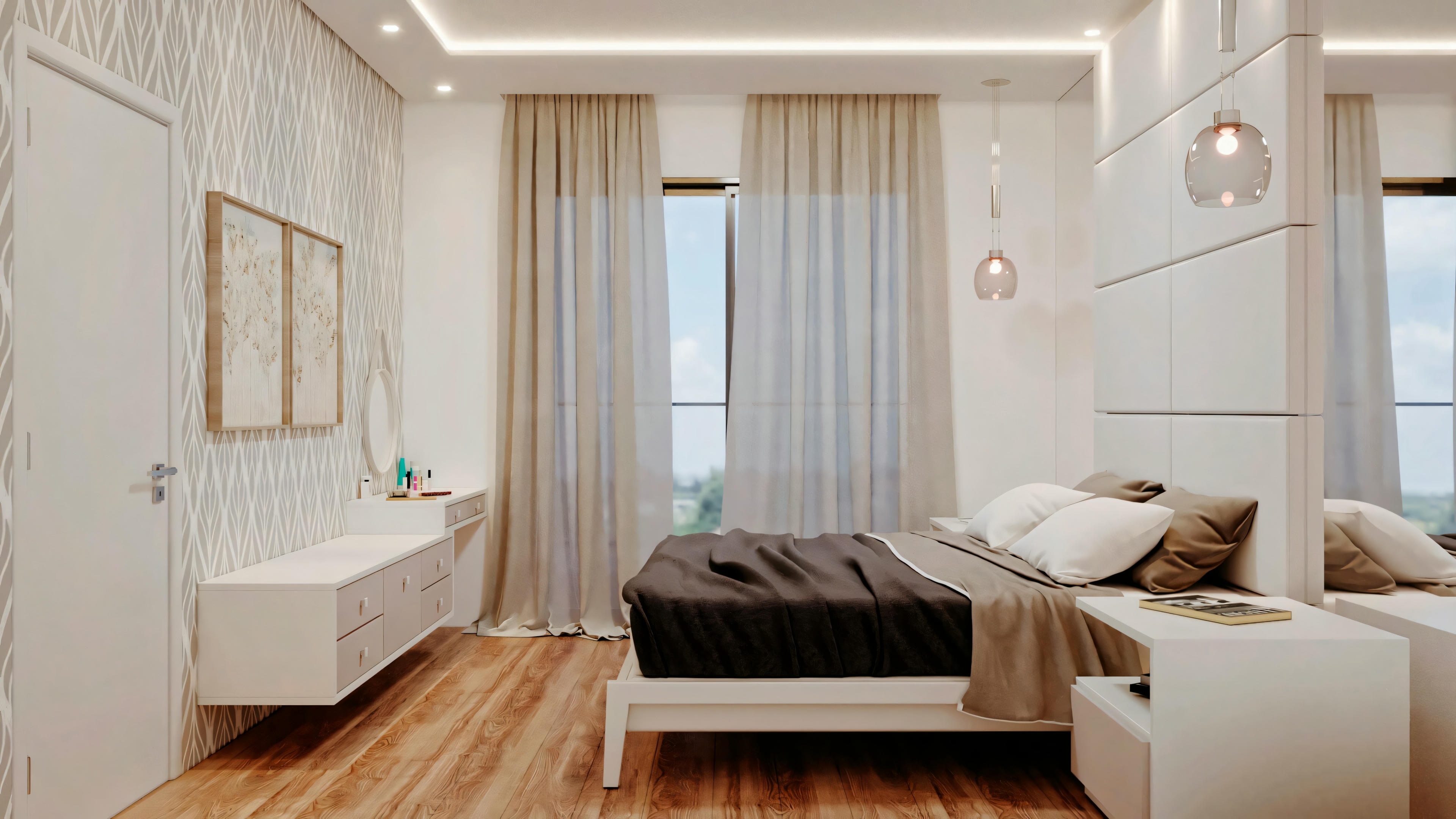 Modern bedroom with a large bed, nightstands, a sofa at the foot of the bed, and a large window with curtains.