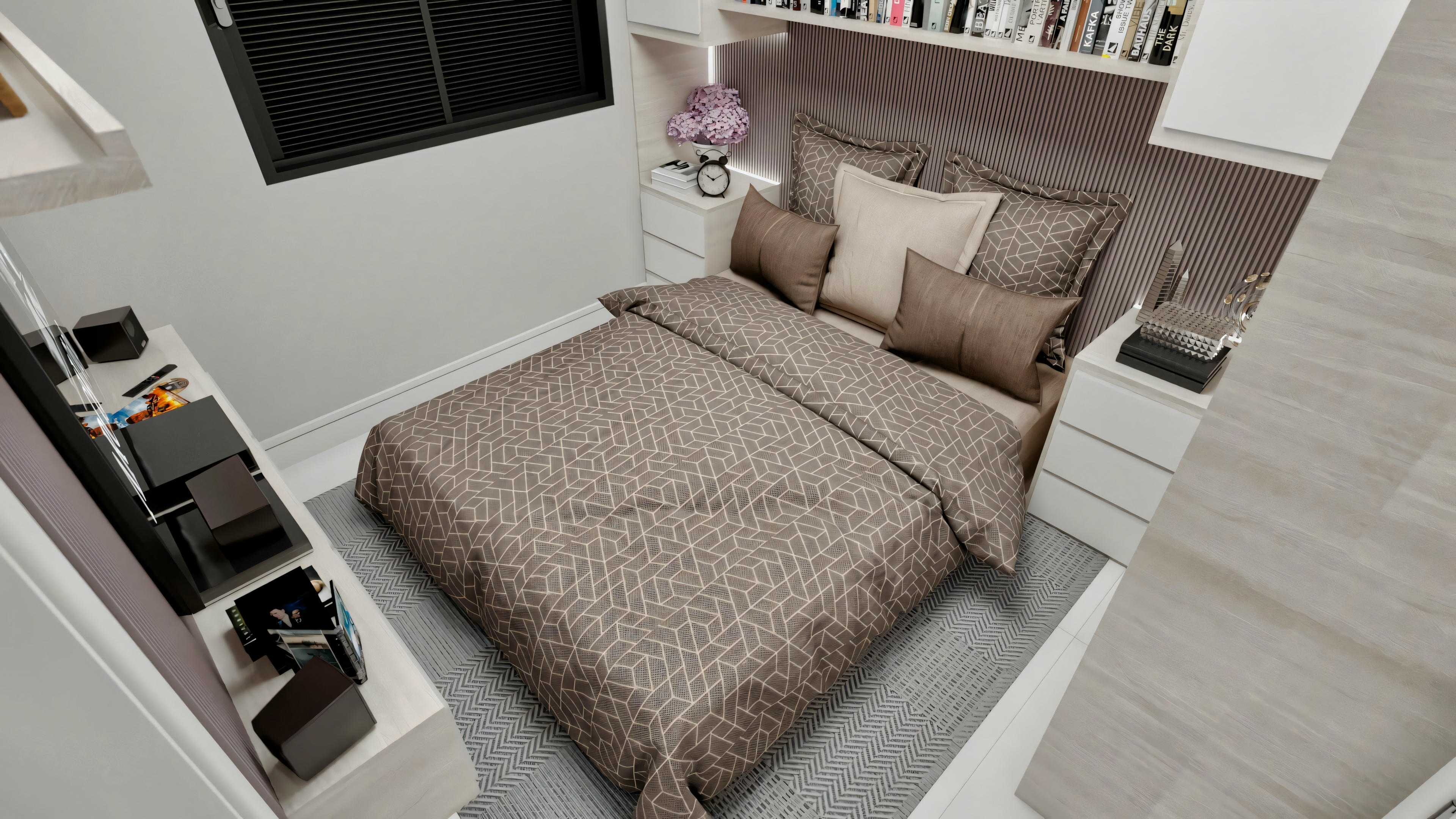 Modern, minimalist bedroom with a bed with gray bedding, a window above the bed, and floating shelves on the right wall.