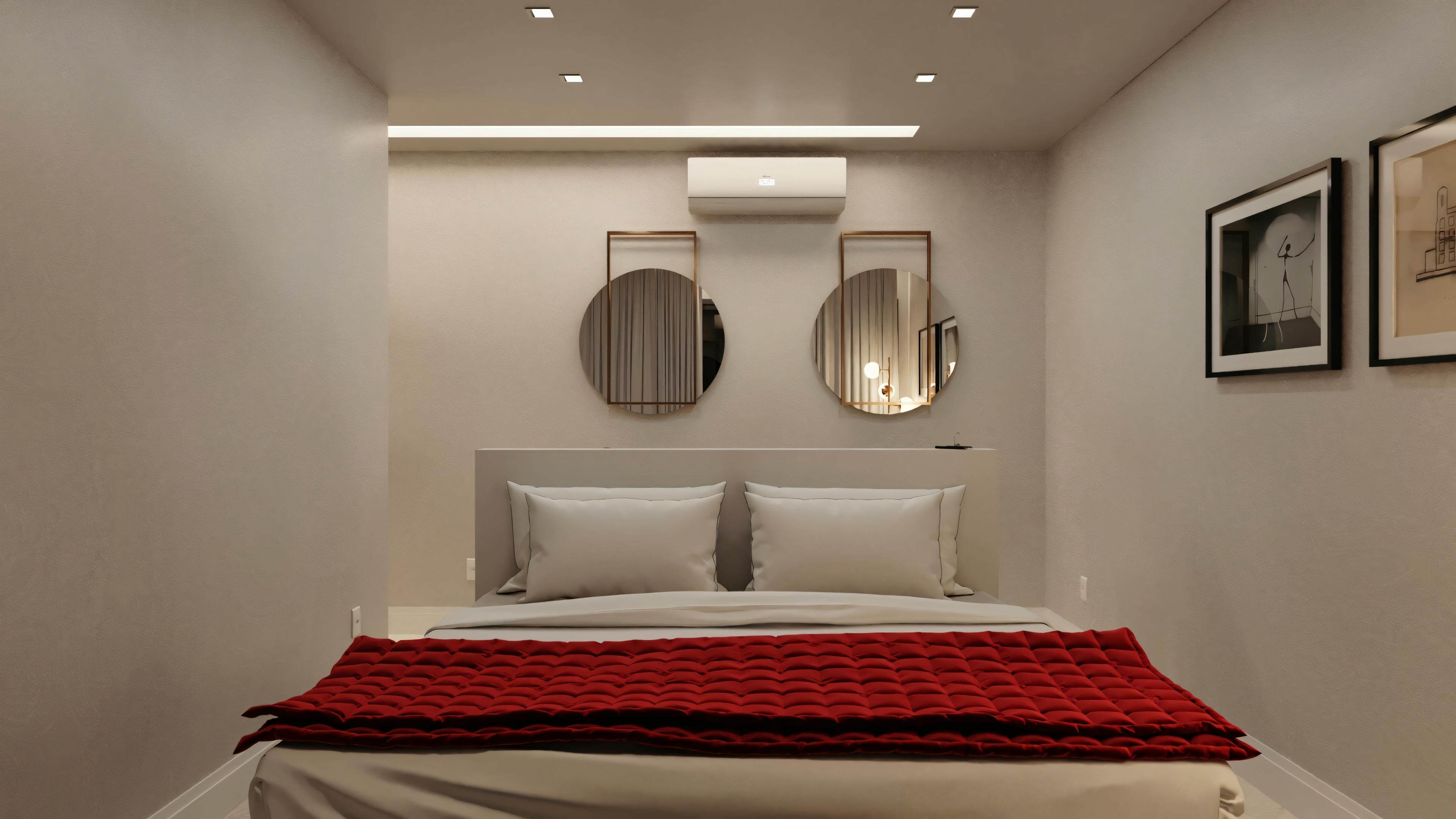 A room with a made bed, two pillows, and a red blanket at the foot of the bed.